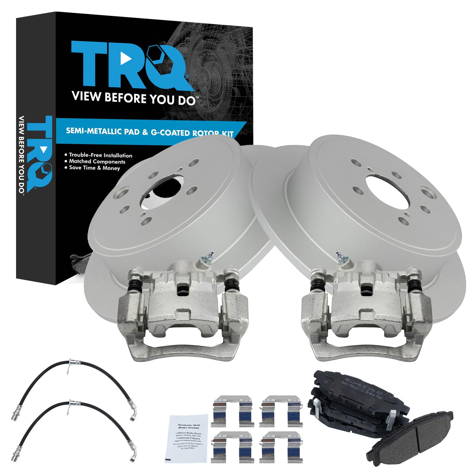 TRQ Rear Brake Pad and Rotor Set Semi Metallic G Coated Rotors Calipers Compatible with 2010-2011 Subaru Impreza