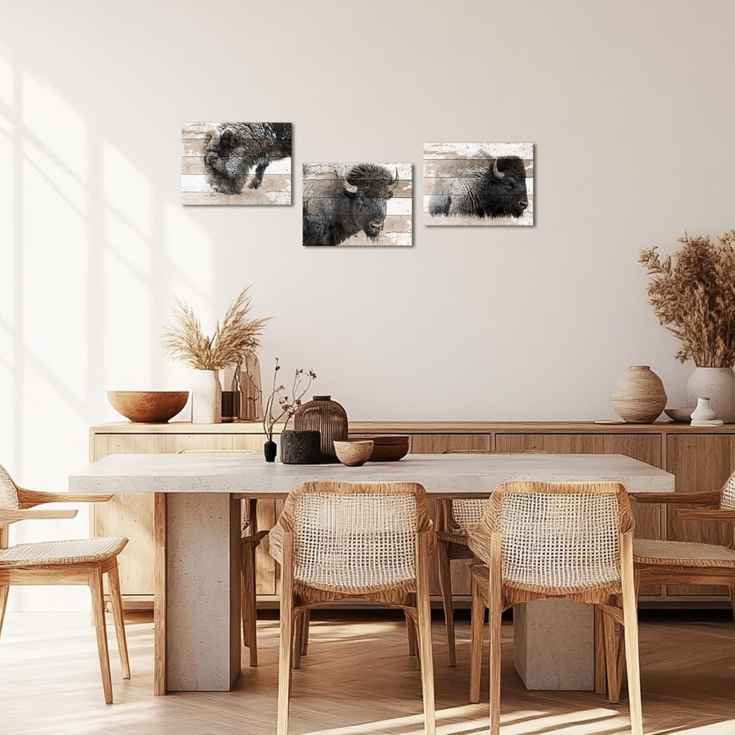 KLVOS 3 Pcs Bison Wall Art Animals Picture Print Buffalo Bison Wildlife Photography Canvas Posters Rustic Artwork Farmhouse Paintings Living Room Bathroom Decor