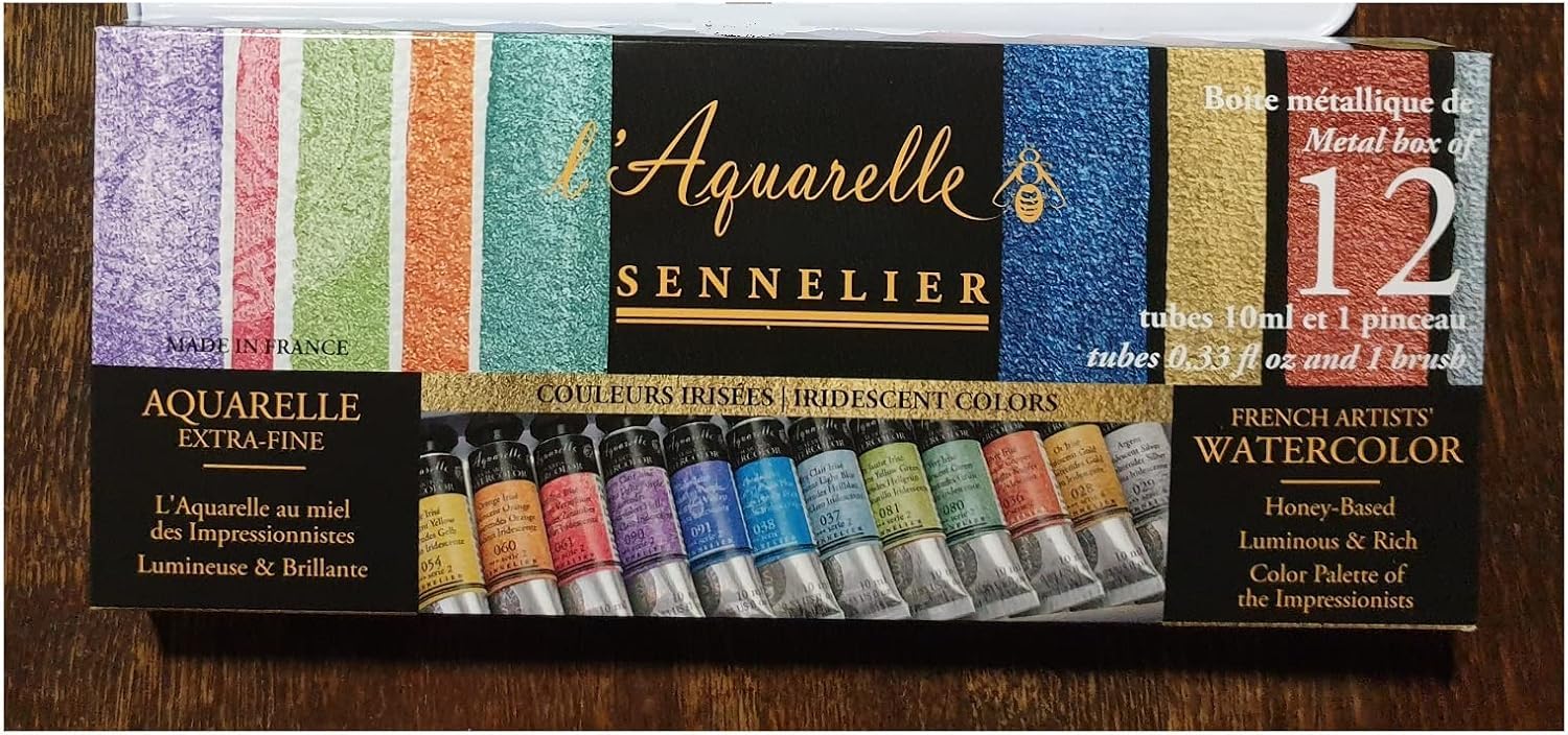 Sennelier Aquarellfarben-Set, extrafines, irisierendes Fines, Metalldose, 12 Farben x 10 ml, mit 2 Pinsel