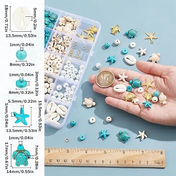 SUNNYCLUE 1 Box 292Pcs Sea Turtle Beads Seashell Starfish Beads Lucky Turquoise Bead Ocean Summer Hawaii Sea Animal Beaded Shell Charms for Jewellery Making Beading Kits Women DIY Craft Gift Supplies