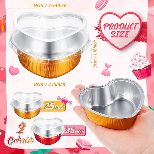 Miniatura 2 de 50 juegos de moldes para tartas en forma de corazón de San Valentín con tapas, de papel de aluminio, moldes para cupcakes de 3.4 onzas, mini moldes