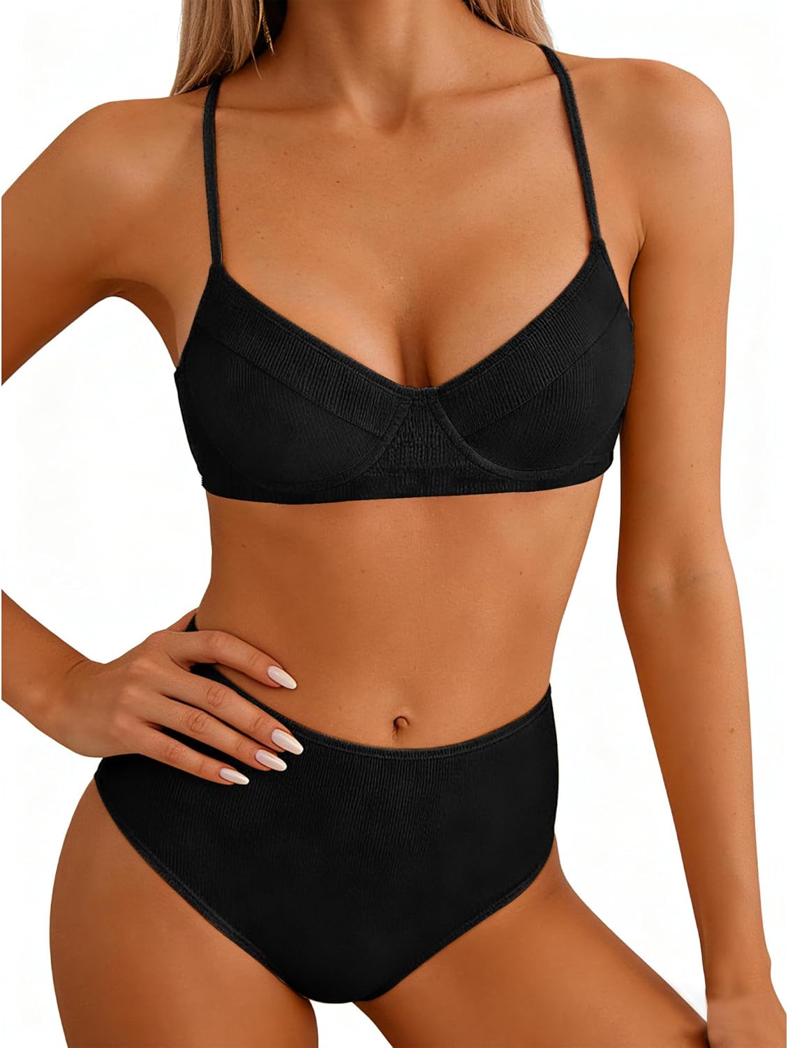 Jolefille Underwire Bikini Sets for Women High Waisted Swimsuits Tummy Control Ribbed Bathing Suits 2 Piece Push Up Swim Suit