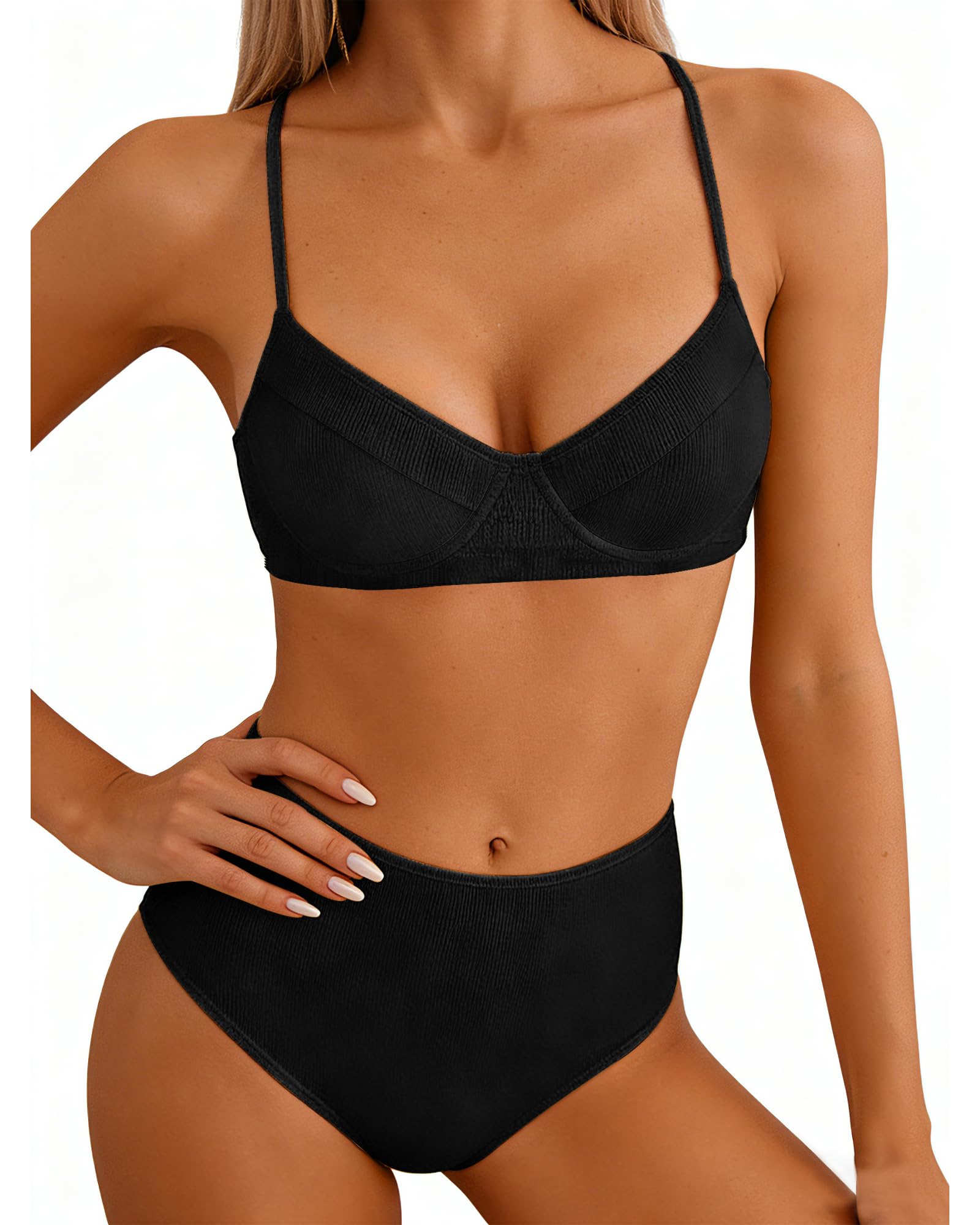 Jolefille Underwire Bikini Sets for Women High Waisted Swimsuits Tummy Control Ribbed Bathing Suits 2 Piece Push Up
