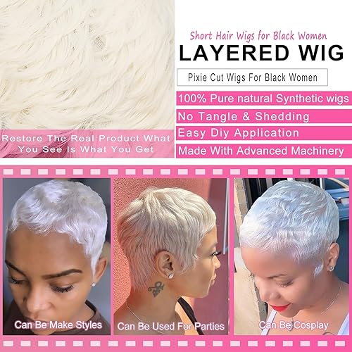 Miniatura 8 de Pelucas cortas para mujeres negras, peluca de corte Pixie, pelucas de cabello sintético ondulado natural, peluca de corte Pixie con flequillo,