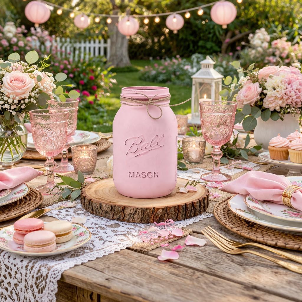 Pink Mason Jars for Centerpieces | Quart 32 oz, 7" Height | Pink Vases | Hand Painted and Distressed Baby Girl Shower Centerpiece | Girl Baby Shower Decor for Girls (5 Pink Jars - No Flowers)