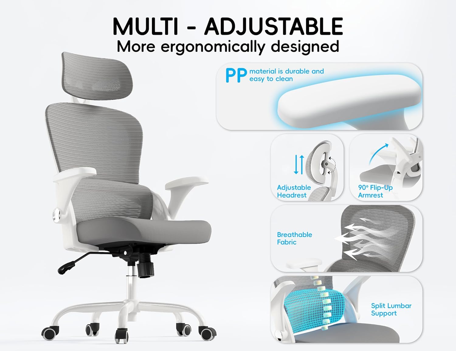 TRALT Office Chair - Ergonomic Office Chair with Back Support, Computer Chair - Home Office Desk Chairs, 330lbs Wide Seat Big and Tall Office Chairs with Headrest, Comfy Desk Chairs (Grey) - Image 3