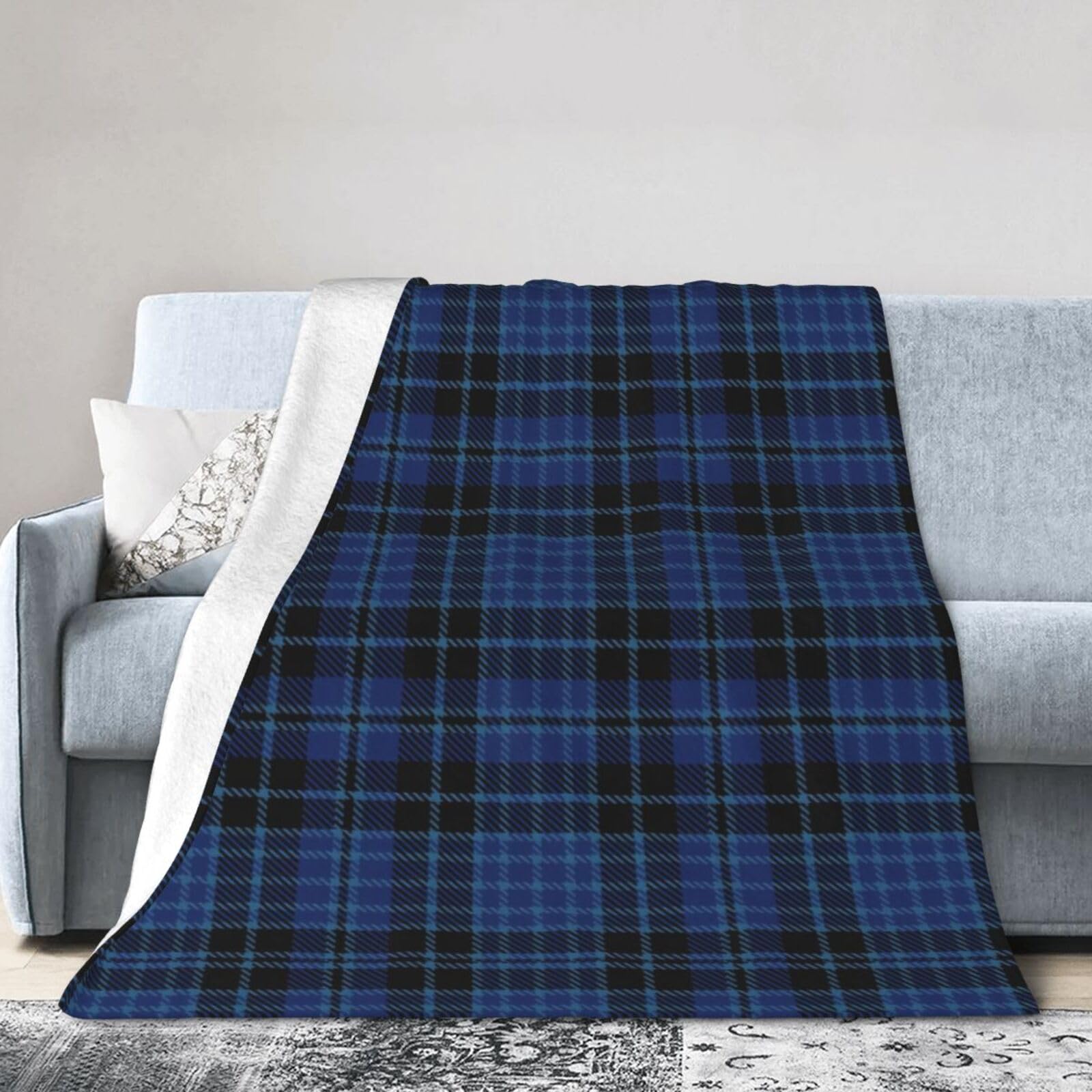 ERTDFXCV Scottish Clergy Blue Black White Tartan Blanket 50"x40"