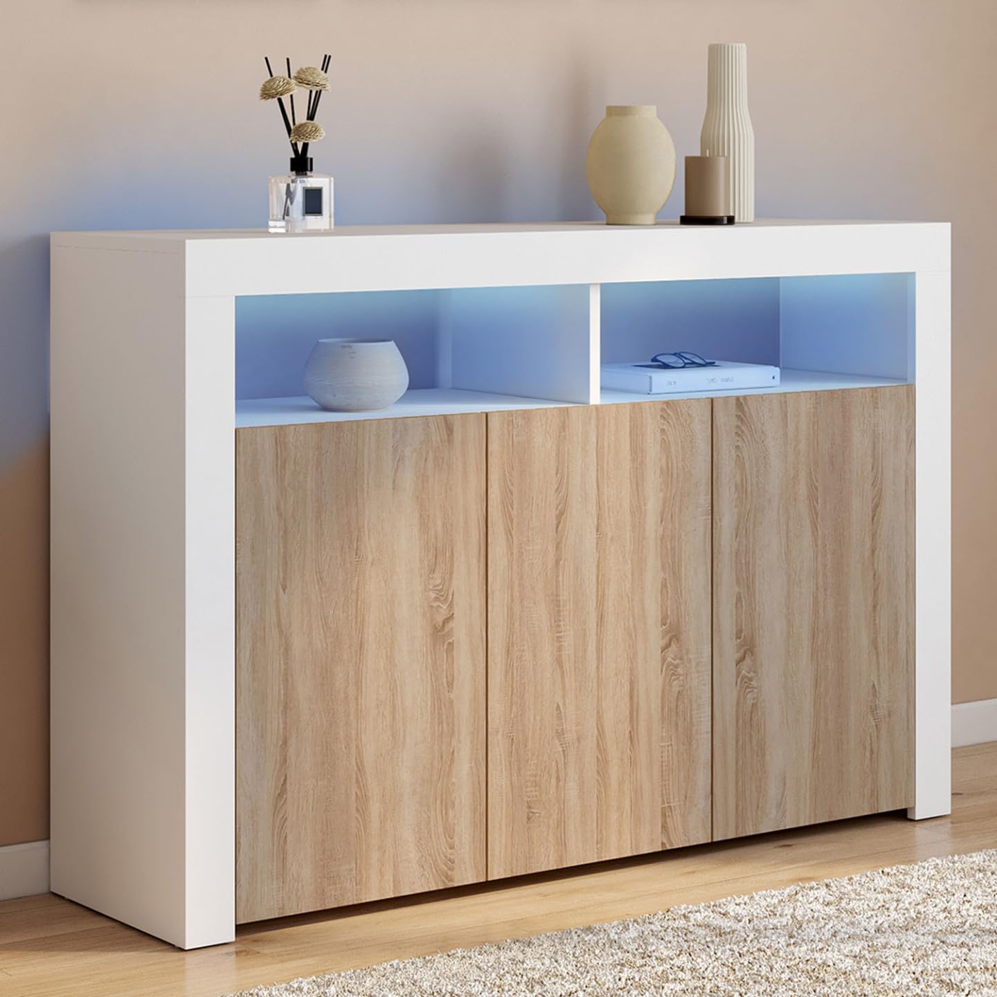 IDMarket ELIGHT - Aparador de 110 cm, 3 puertas con LED y nichos blanco y madera de haya