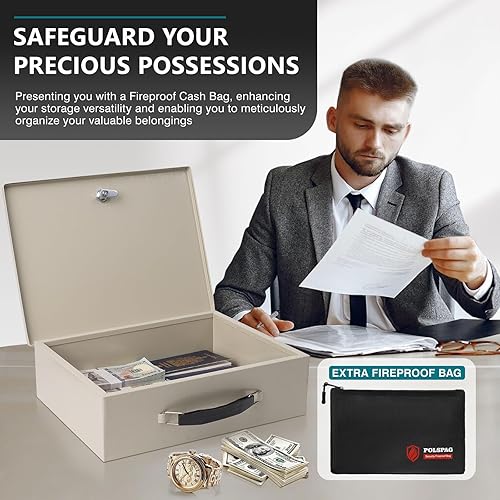 Miniatura 6 de Caja de documentos ignífuga con cerradura de llave y bolsa de dinero ignífuga, caja de almacenamiento segura para objetos de valor, cerradura de