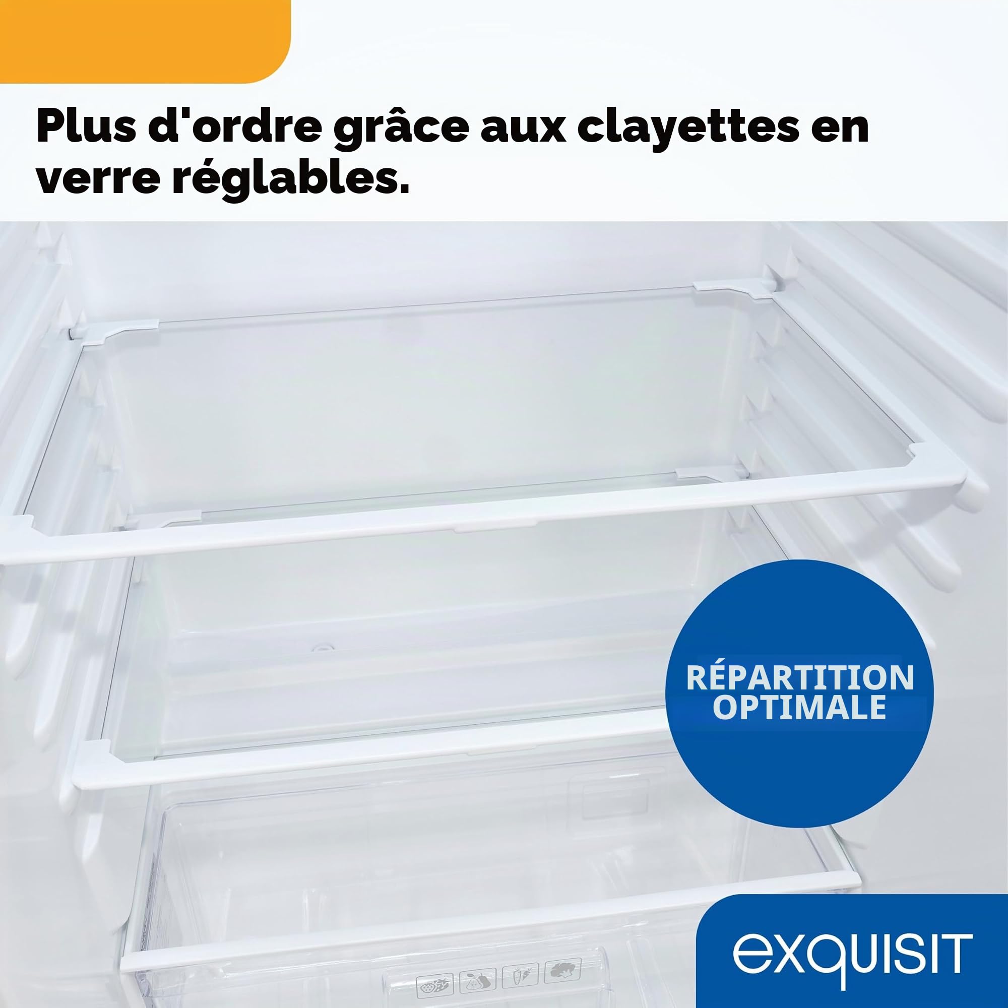 Exquisit EKS5131-V-040E Réfrigérateur encastrable pour chambre complète | Capacité utile 129 l, classe énergétique E, 39 dB(A) | Technologie de porte remorquée, éclairage LED, étagères en verre, bac à
