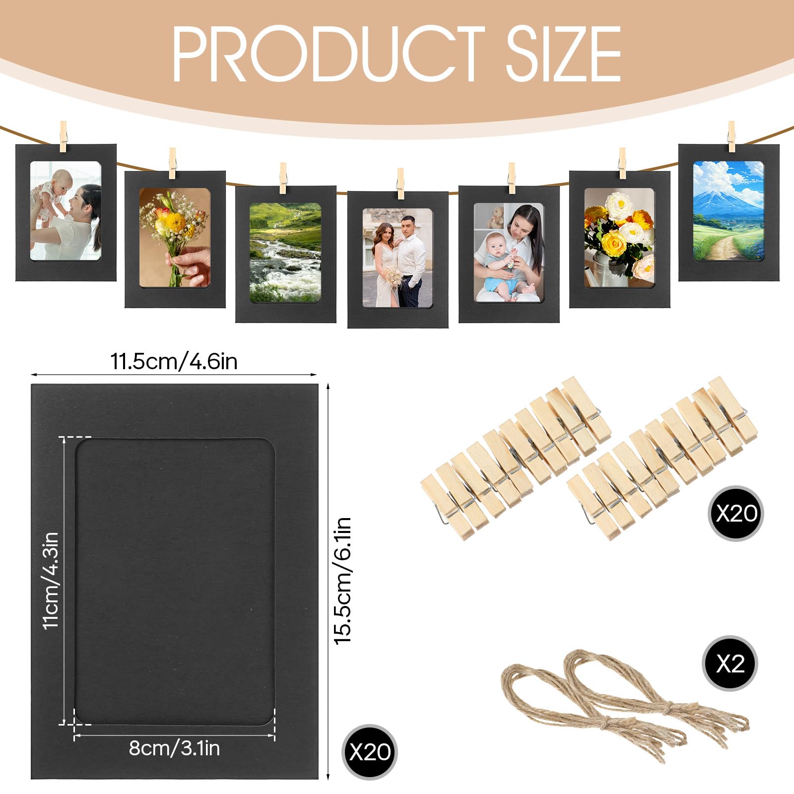 20 Stück Foto-Girlande Mit Clips - Kraftpapier Rahmen 11,5x15,5 Cm Für Wanddeko & Partys