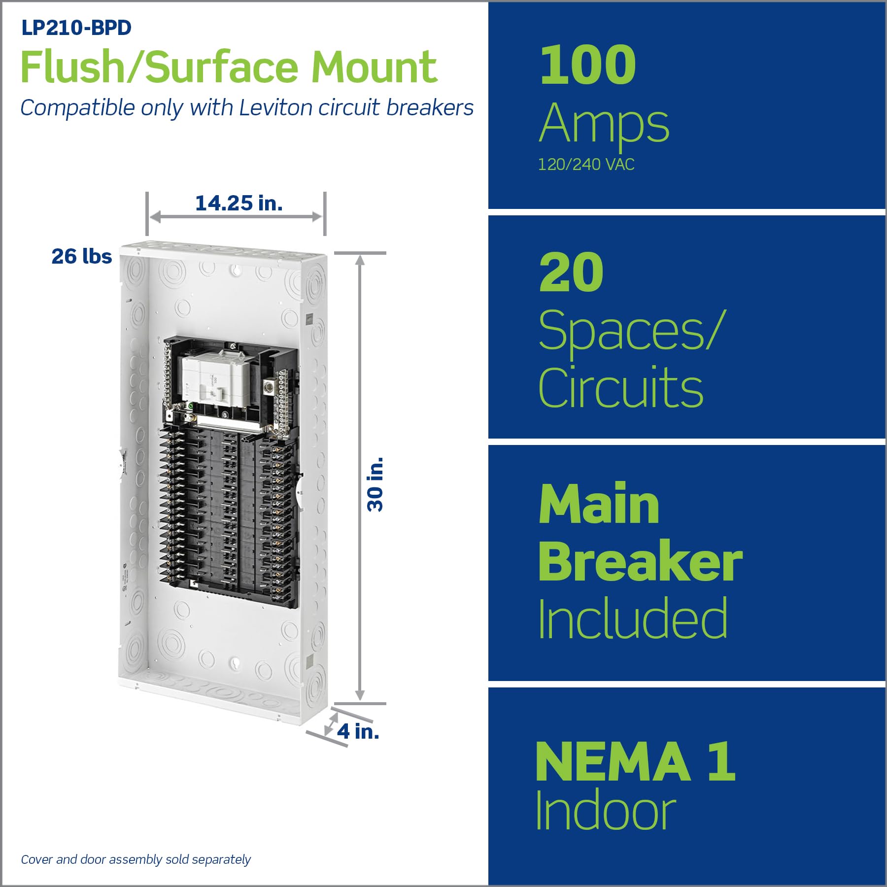 Leviton 20 Space, 20 Circuit Indoor Load Center with 100 Amp Main Circuit Breaker, LP210-BPD — Amazon image 2