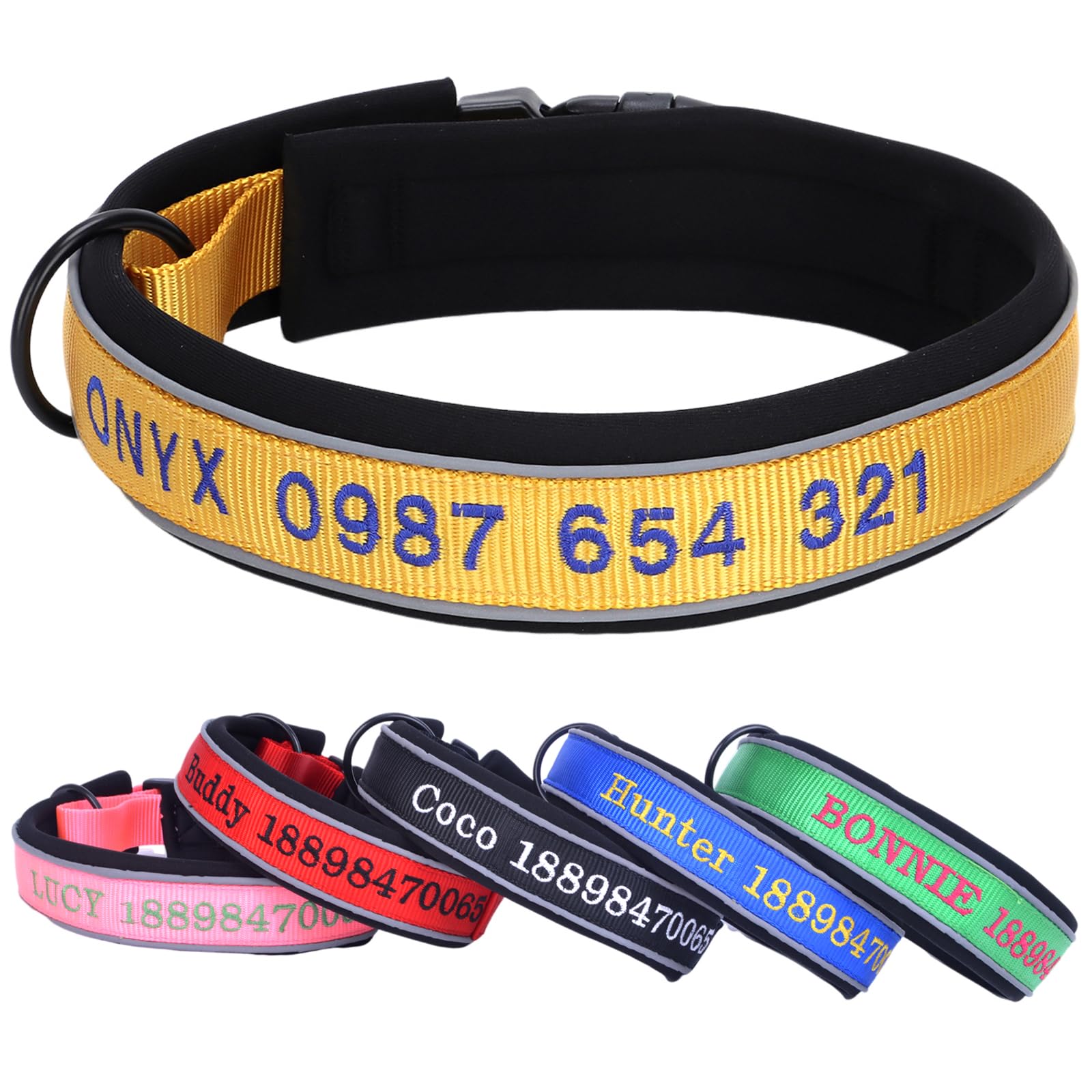 Adjustable Reflective Personalised Thick Dog Collar 1.6 Inch 4 CM Wide with Quick Release Buckle Soft Neoprene Padded Custom Embroidered Pet Name Phone Number for Boy Girl Small Medium Large Dogs