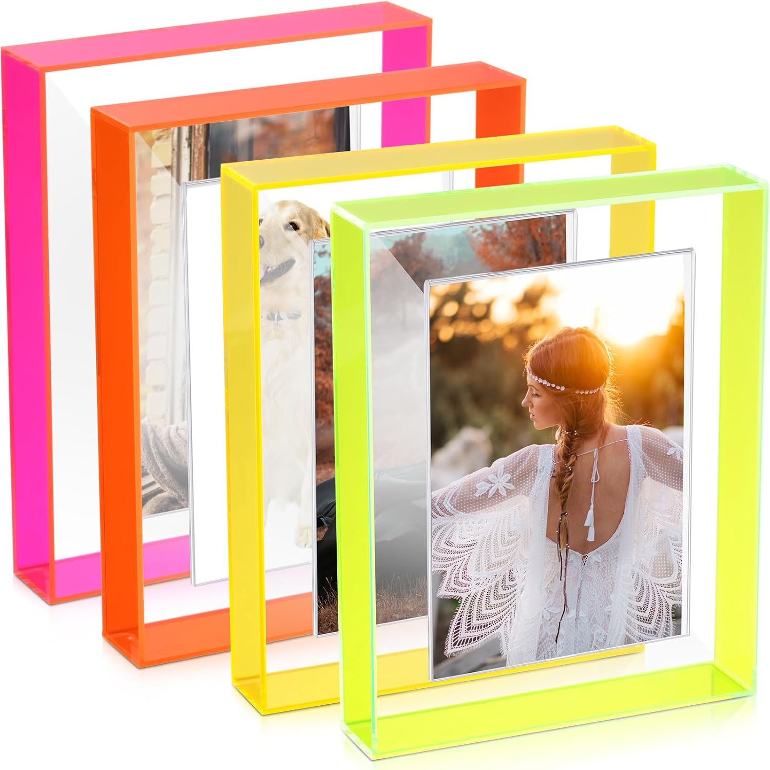 Kathfly 4 Pcs 5x7 Floating Picture Frame Acrylic Frames for Wall Mounted or Tabletop Standing Decorative Magnetic Photo Frames Neon Translucent Hanging Frame, Display Photo up to 7x9 (Trendy Colors)