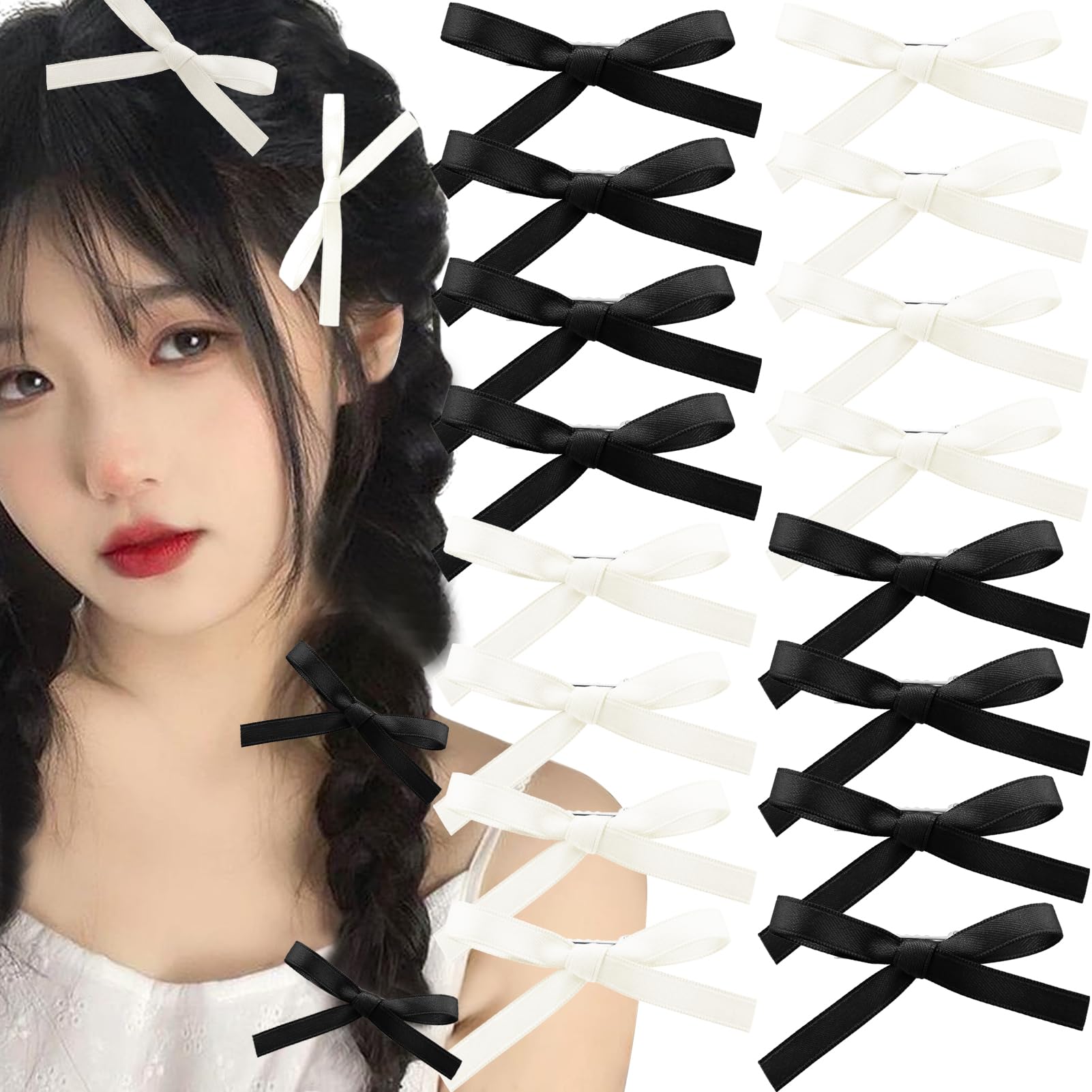 Zkptops 16Pcs Bow Hair Clips for Women Girls Baby Kids Teens Toddler Black Beige Solid Silky Satin Bowknot Hair Accessory Small Mini Tiny Cute Soft Non Slip Metal Hair Barrette Hairpin Headwear