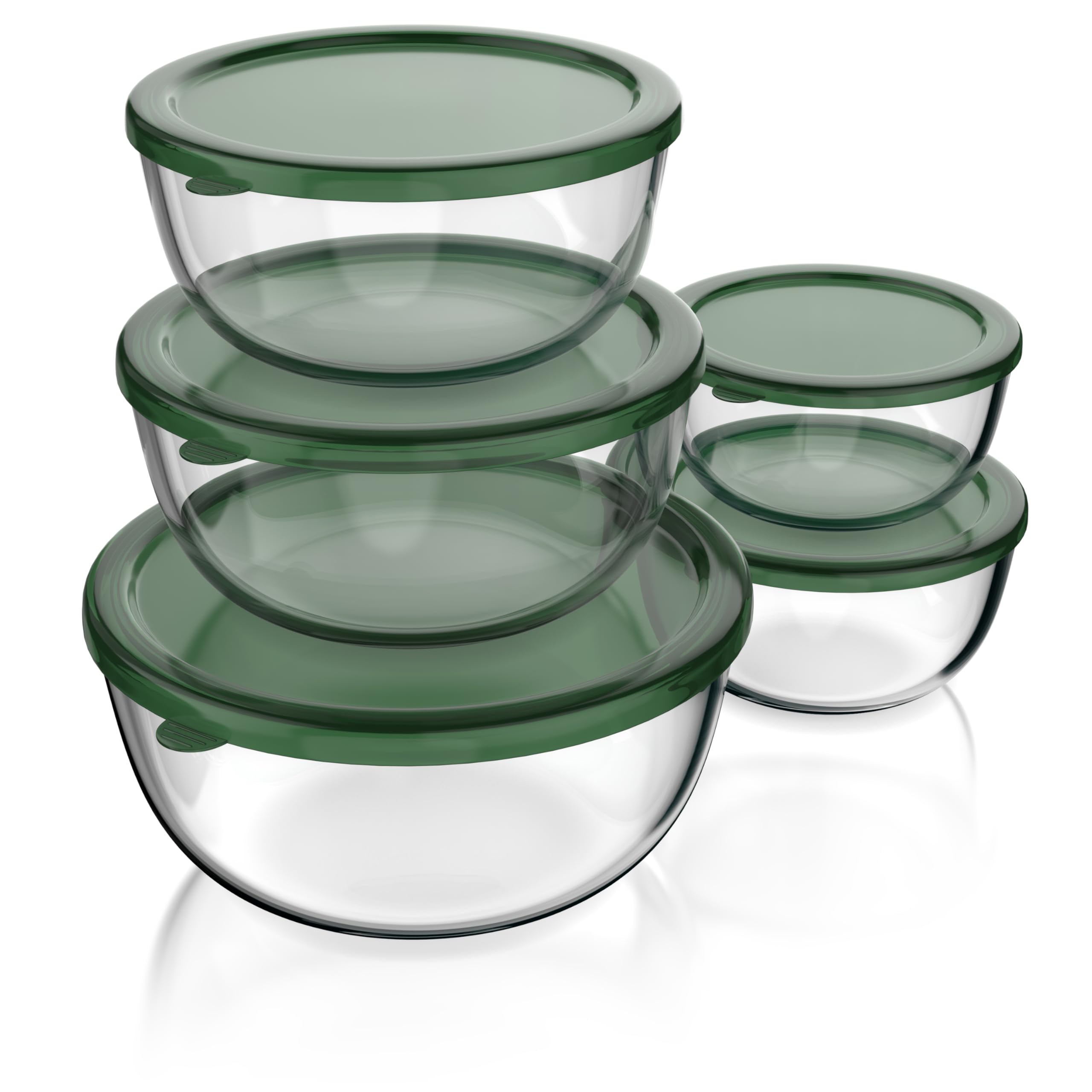 Arendo - Salatschüssel aus Glas mit Deckel - Glasschüssel 5er Set - 1000ml + 1500ml + 2000ml + 2700ml + 4400ml – Rührschüsseln klein bis groß – Borosilikatglas - Glasschale Salatglasschale