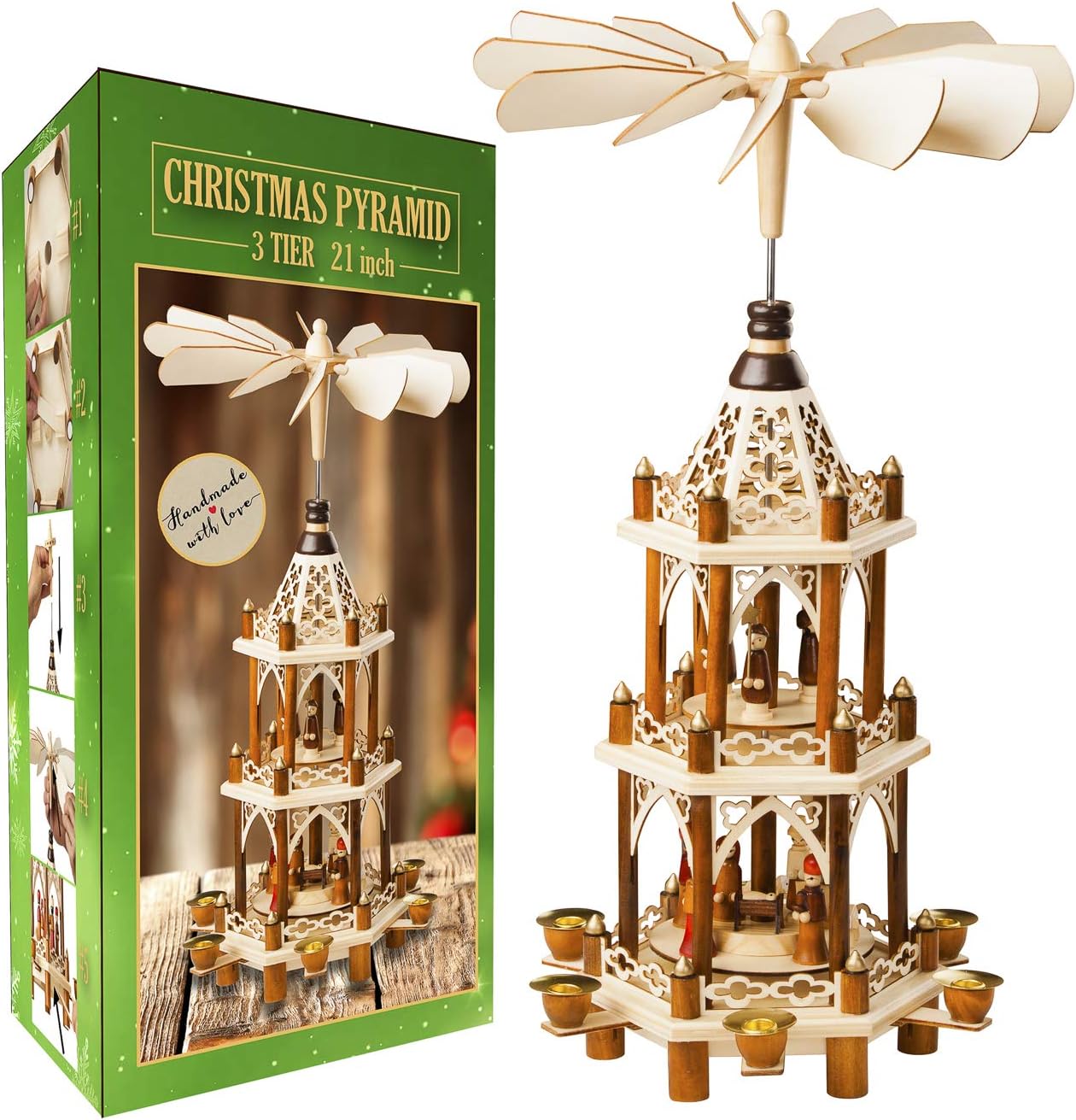 German Christmas Decoration Pyramid - 21 Inches - Wood Nativity Scene Set - Under The Christmas Tree and Table Top Holiday Decor - Nativity Play 3 Tiers Carousel with 6 Candle Holders - German Design