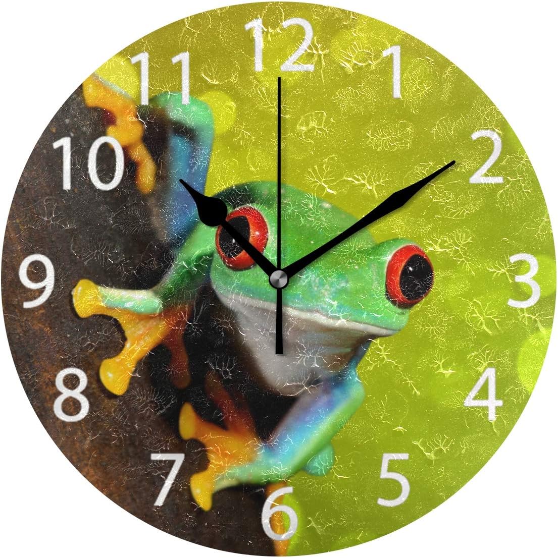 Red-Eye Tree Frog Design Round Wall Clock, Silent Non Ticking Oil Painting Decorative for Home Office School Clock Art