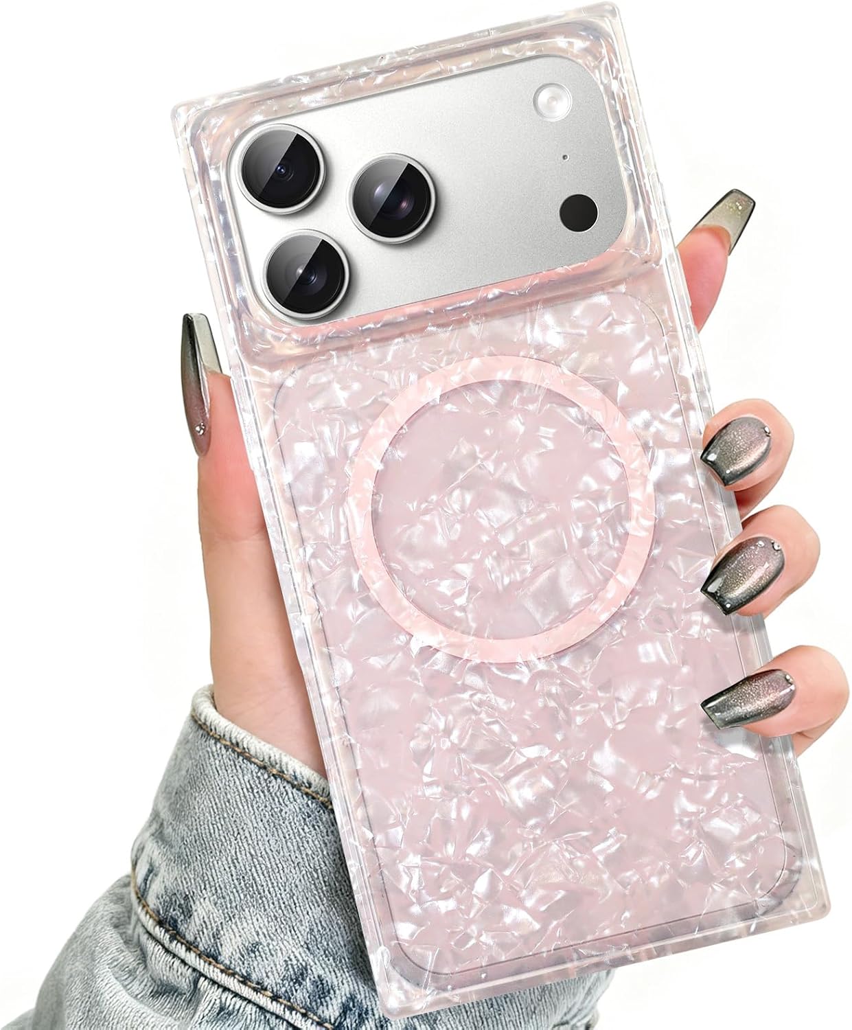 Rectangle Magnetic for iPhone 17 Pro Case, Luxury Iridescent Opalescent Mother of Pearl for Women Girls, Compatible with Magsafe, Cute Slim Sparkle Shockproof Protective Phone Case, Colorful