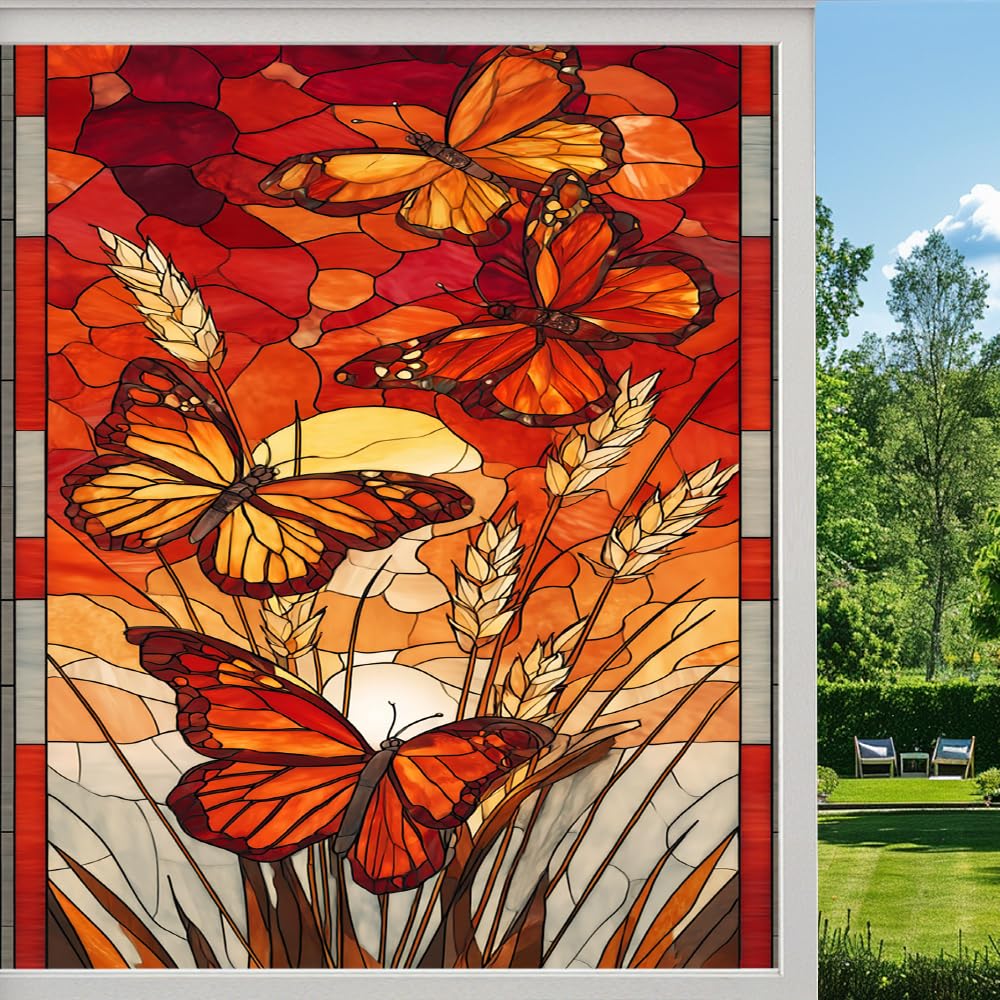 Autumn Flowers Frosted Window Film, Natural Mysterious Butterfly Stained Glass Privacy Film, Heat Insulation Self-Adhesive Vinyl for Bathroom Office, （55x80cm）