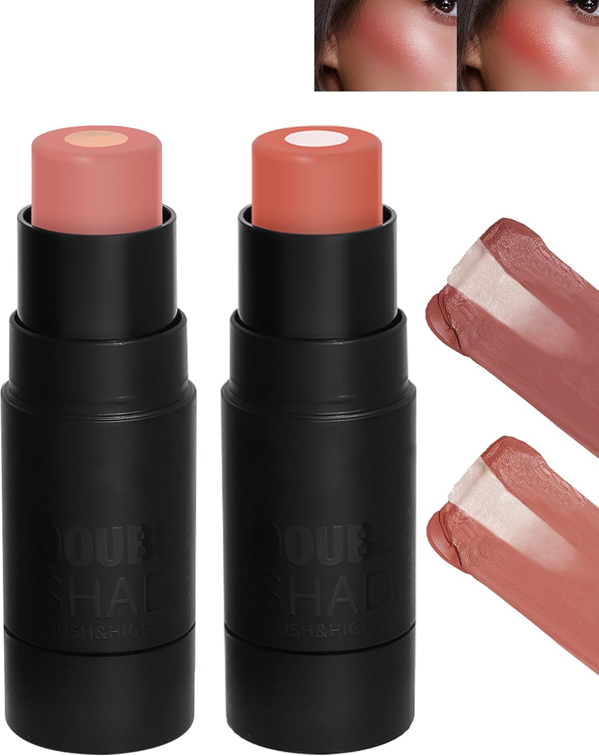 2 Pack Cream Blush Stick, 2-in-1 Versatile Rouge & Highlighter Pen for Cheeks, Bronzer Stick, Cream, Contouring Blush, Long-lasting, Water Resistant, Natural Glow-Finisher, Blusher Stick