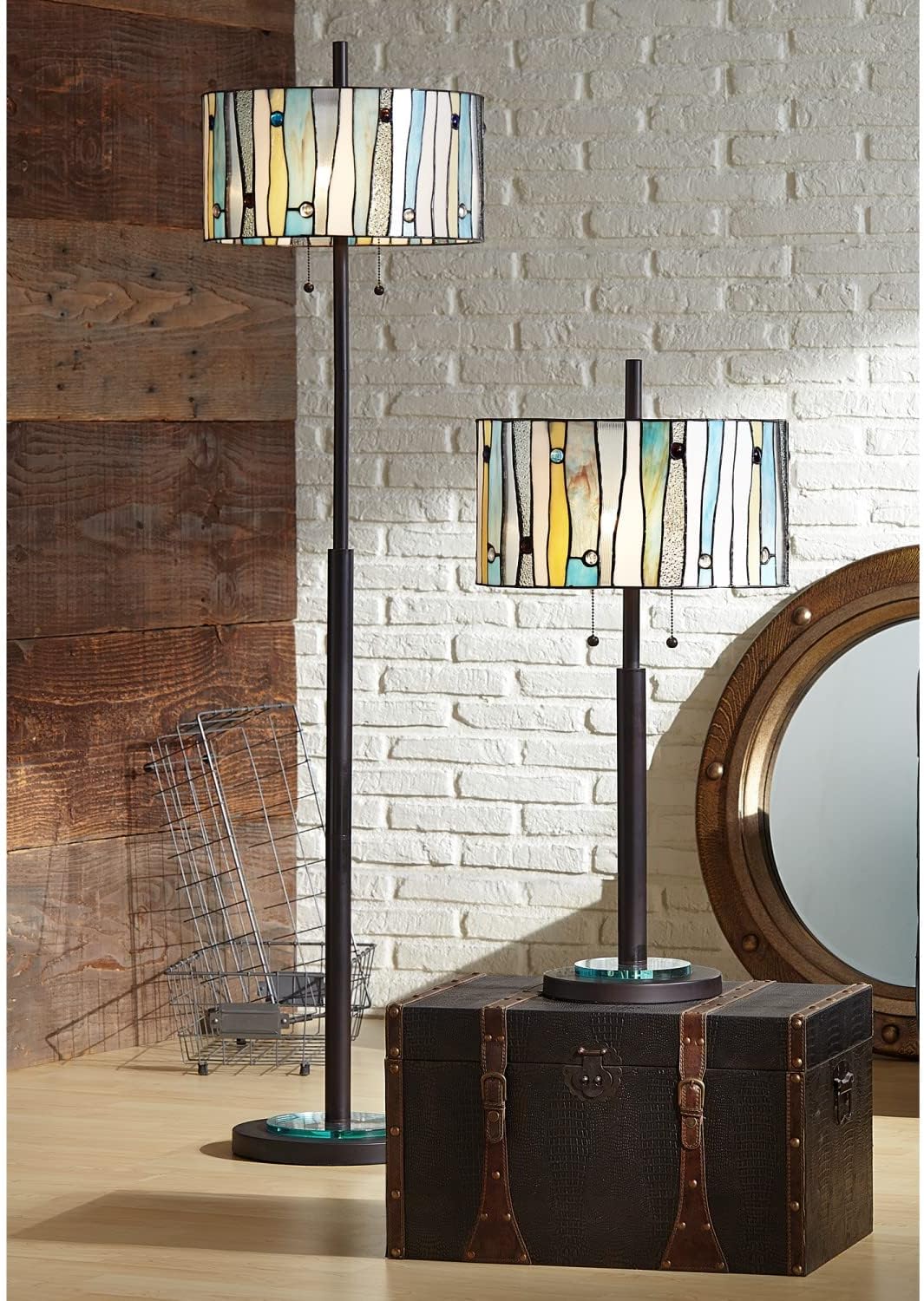 kathy ireland Appalachian Spirit Tiffany-Style Modern 63 1/2" Tall Standing Floor Lamp Skinny Pole Pull Chain Bronze Metal Living Room Bedroom House Reading Office Home Decor Stained Glass Shade