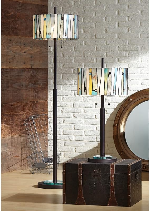 Kathy Ireland Appalachian Spirit Tiffany-Style Modern 63 1/2 Tall Standing Floor Lamp Skinny Pole Pull Chain Bronze Metal Living Room Bedroom House Reading Office Home Decor Stained Glass Shade