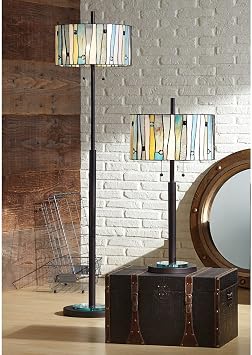 Kathy Ireland Appalachian Spirit Tiffany-Style Modern 63 1/2 Tall Standing Floor Lamp Skinny Pole Pull Chain Bronze Metal Living Room Bedroom House Reading Office Home Decor Stained Glass Shade