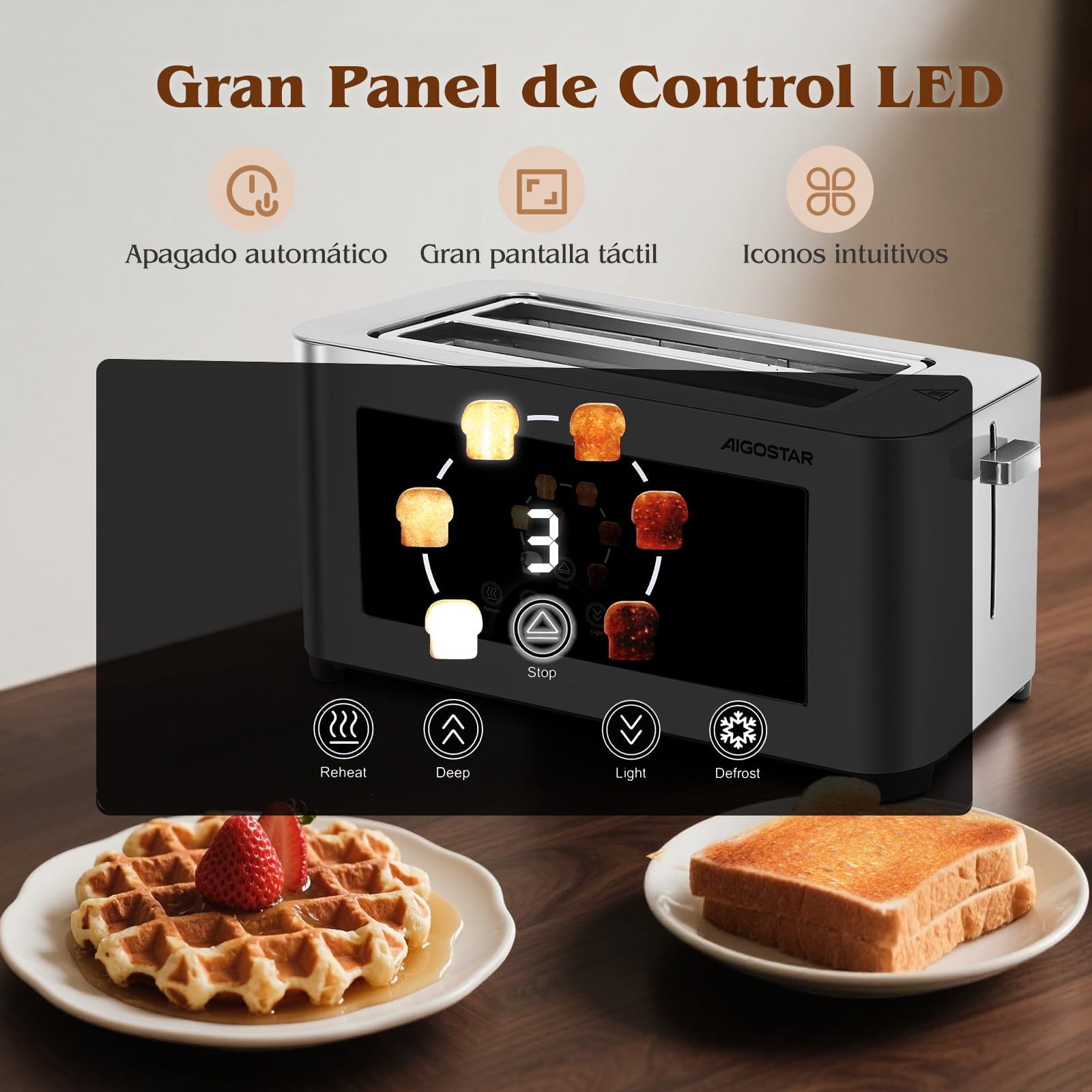 Aigostar Tostadora de 4 Rebanadas, Pantalla Táctil LED, Doble Ranura Larga y Extra Ancha de 4 cm, 6 Niveles de Tostado, Funciones de Recalentar, Descongelar y Parada, Acero Inoxidable, 1400W