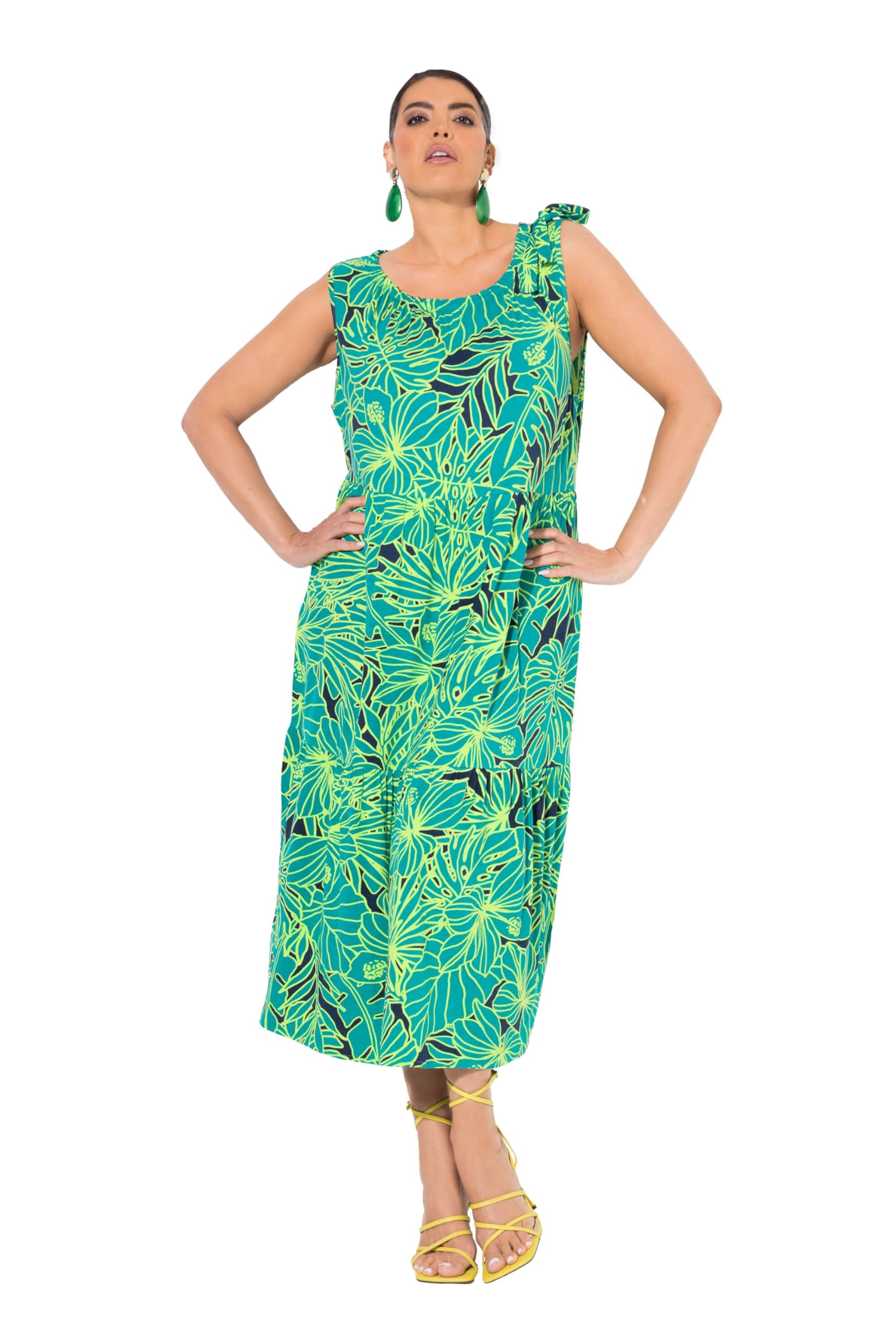 Ulla Popken Damen große Größen Übergrößen Plus Size Jersey-Midikleid, Blüten, gekräuselter Rundhals, ärmellos 839149