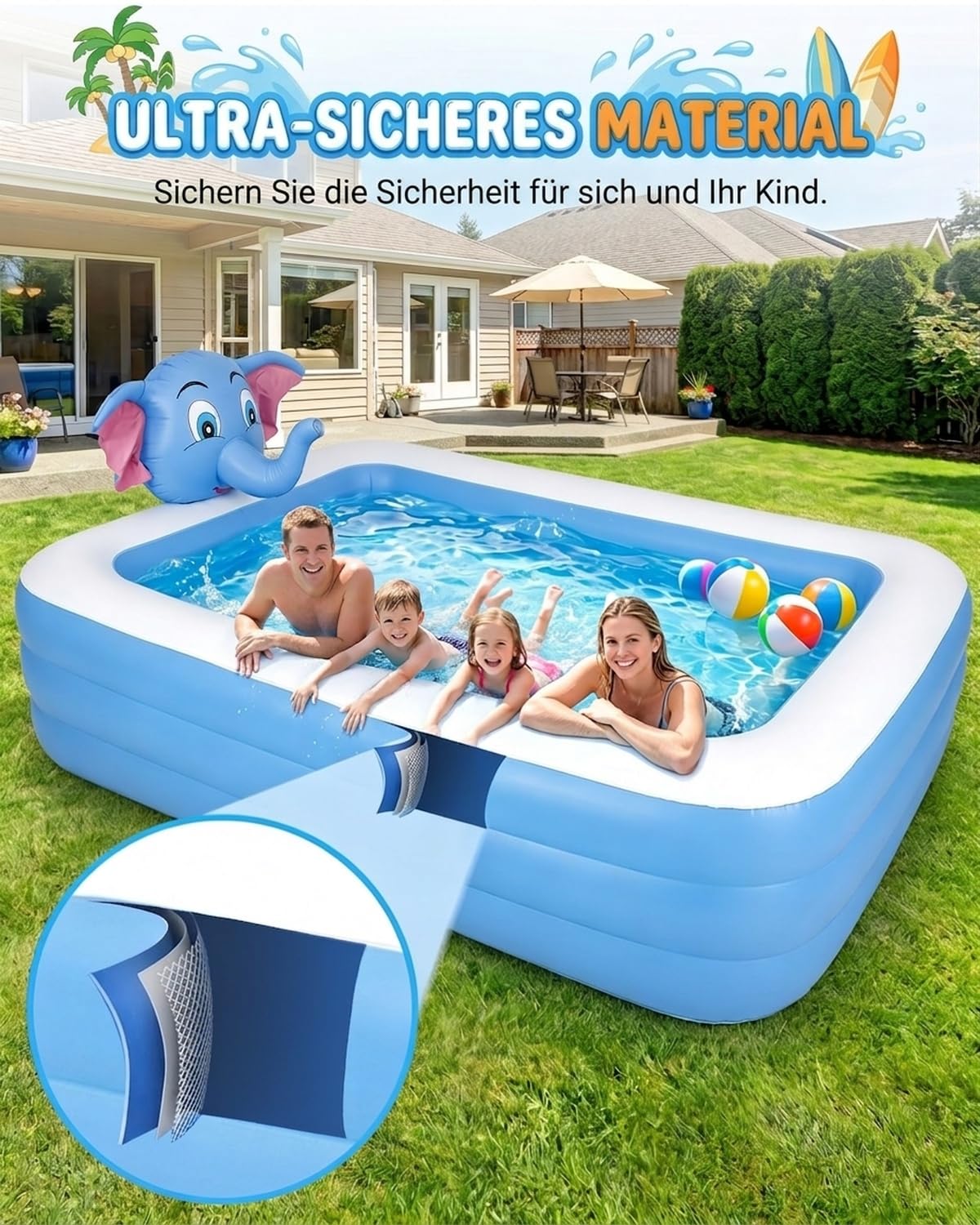 Aufblasbarer Swimmingpool Planschbecken mit Sprinkler 3D-Elefantenkopf 200 x 150 x 50 cm Familienpool