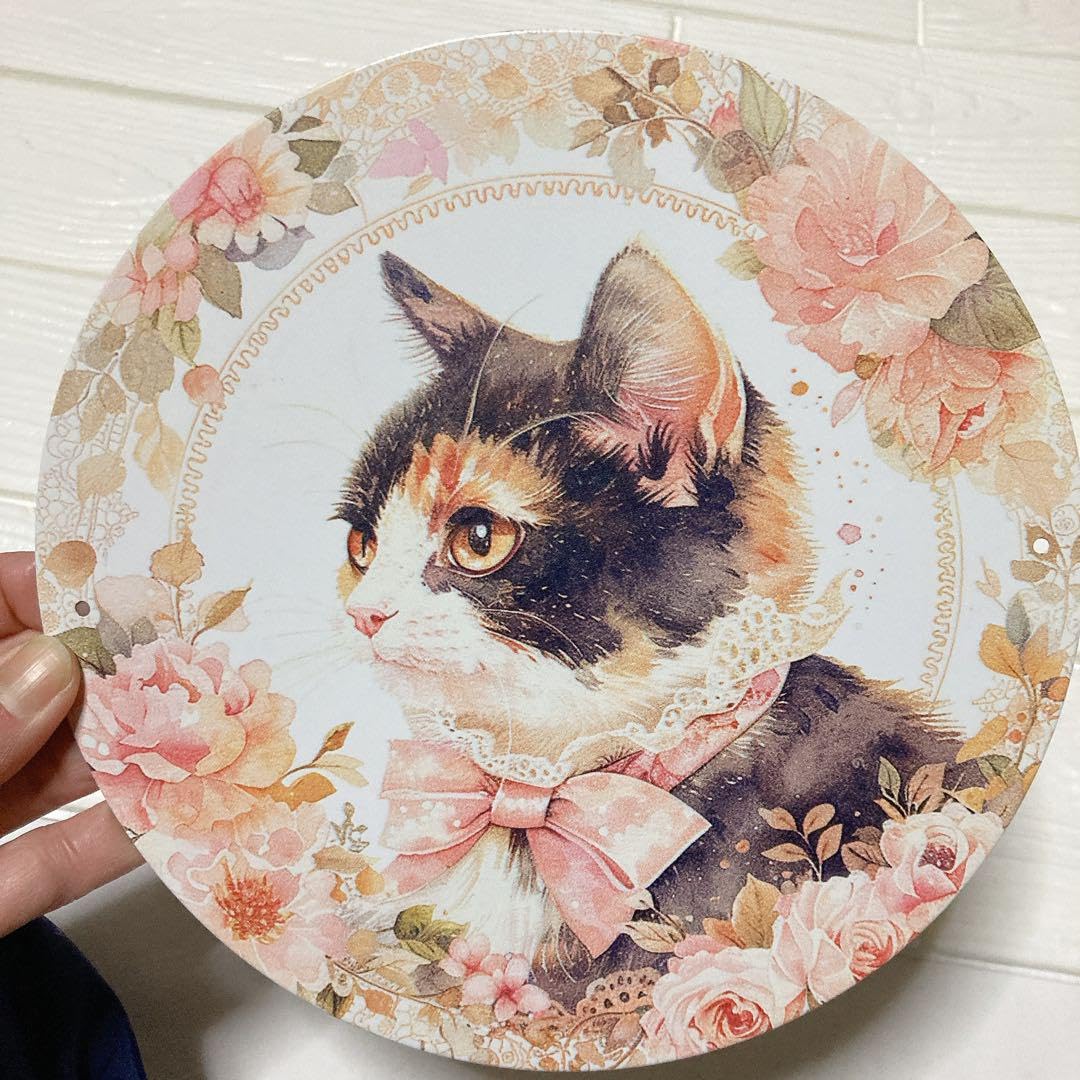 Amazon.co.jp: スチールプレート 三毛猫 お花 看板 壁飾り メタル