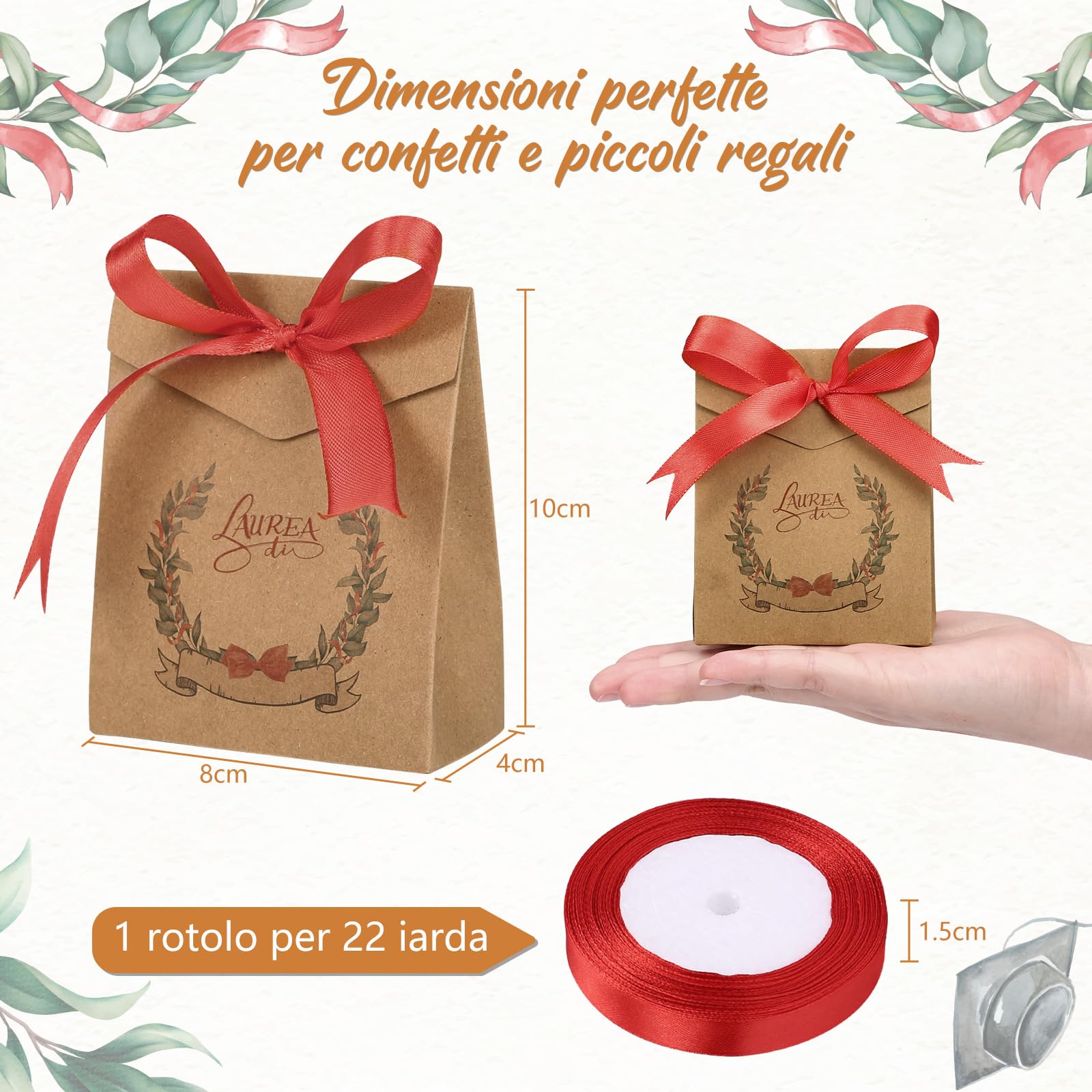 LEMESO Bomboniere Laurea 25pz, Scatoline Portaconfetti Laurea con Nastro Rosso, Motivi Originali da Scrivere Nome e Data, Scatoline Regalo 10x8x4cm