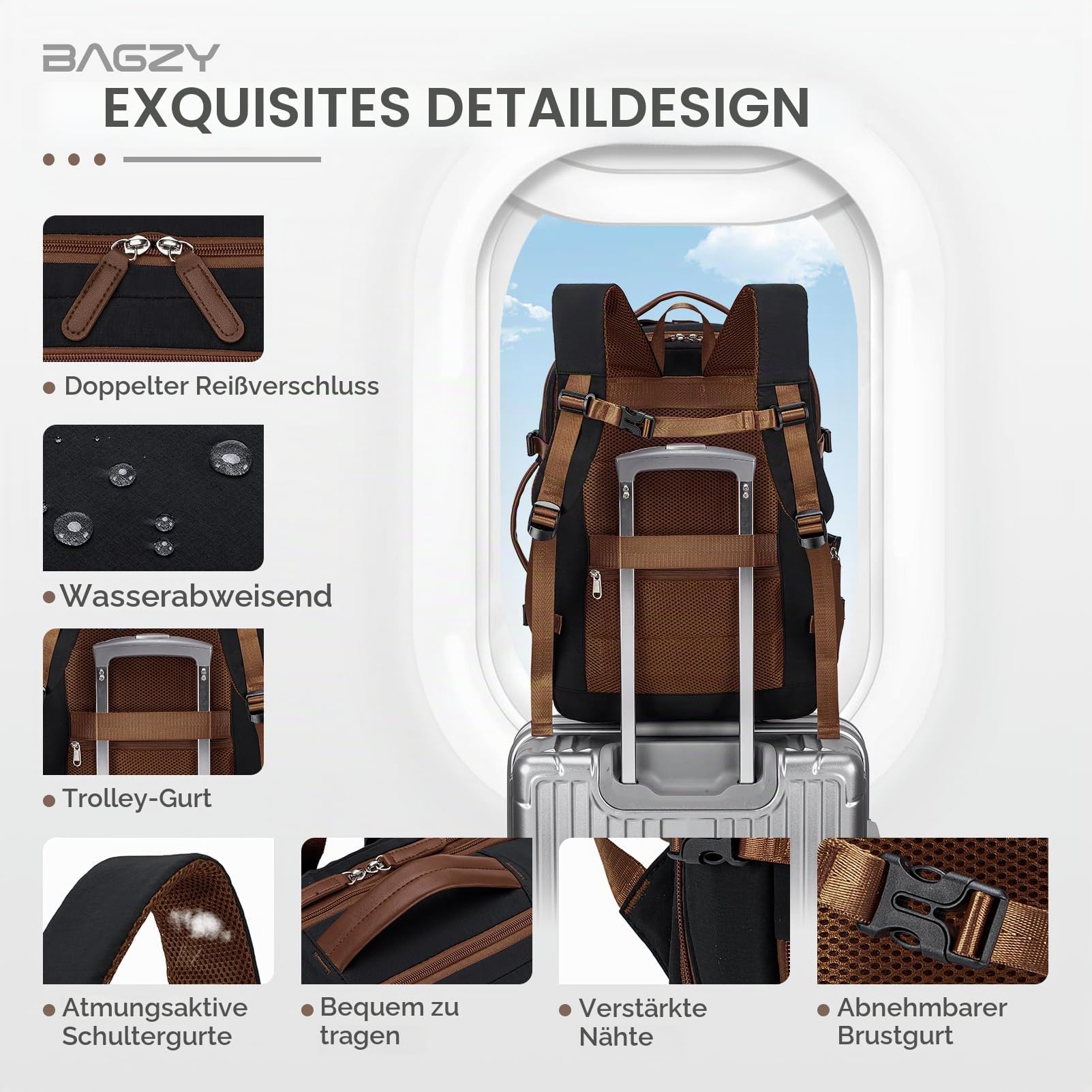 BAGZY Handgepäck Rucksack 40x30x15cm (erweiterbar auf 40x30x20cm) für British Airways, Air France, Ryanair, Wizz Air 15,6" Laptop Rucksack mit USB, Wasserabweisend, Carry-on Luggage für Arbeit,Reisen