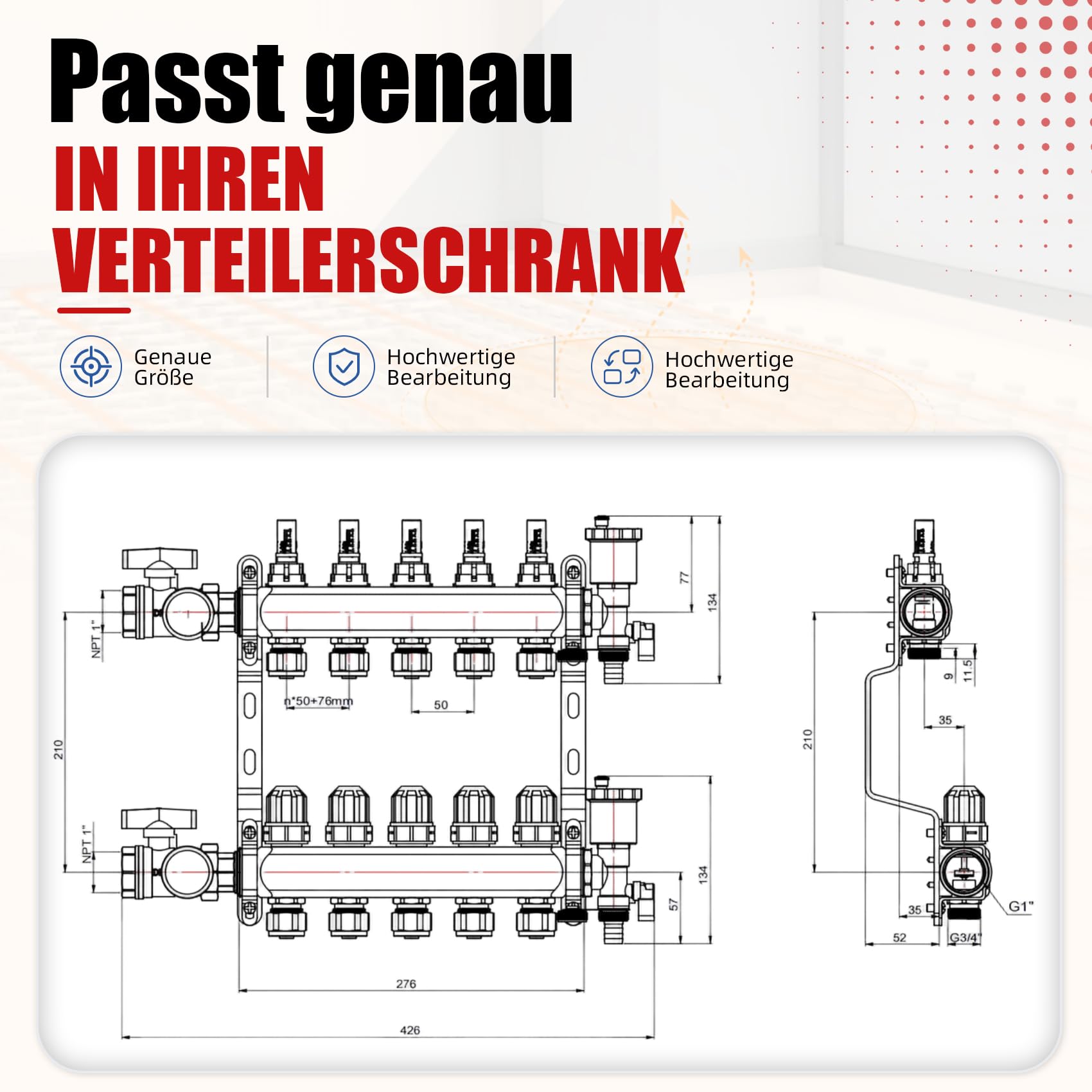 Heizkreisverteiler Edelstahl 5 Heizkreise für Fußbodenheizung