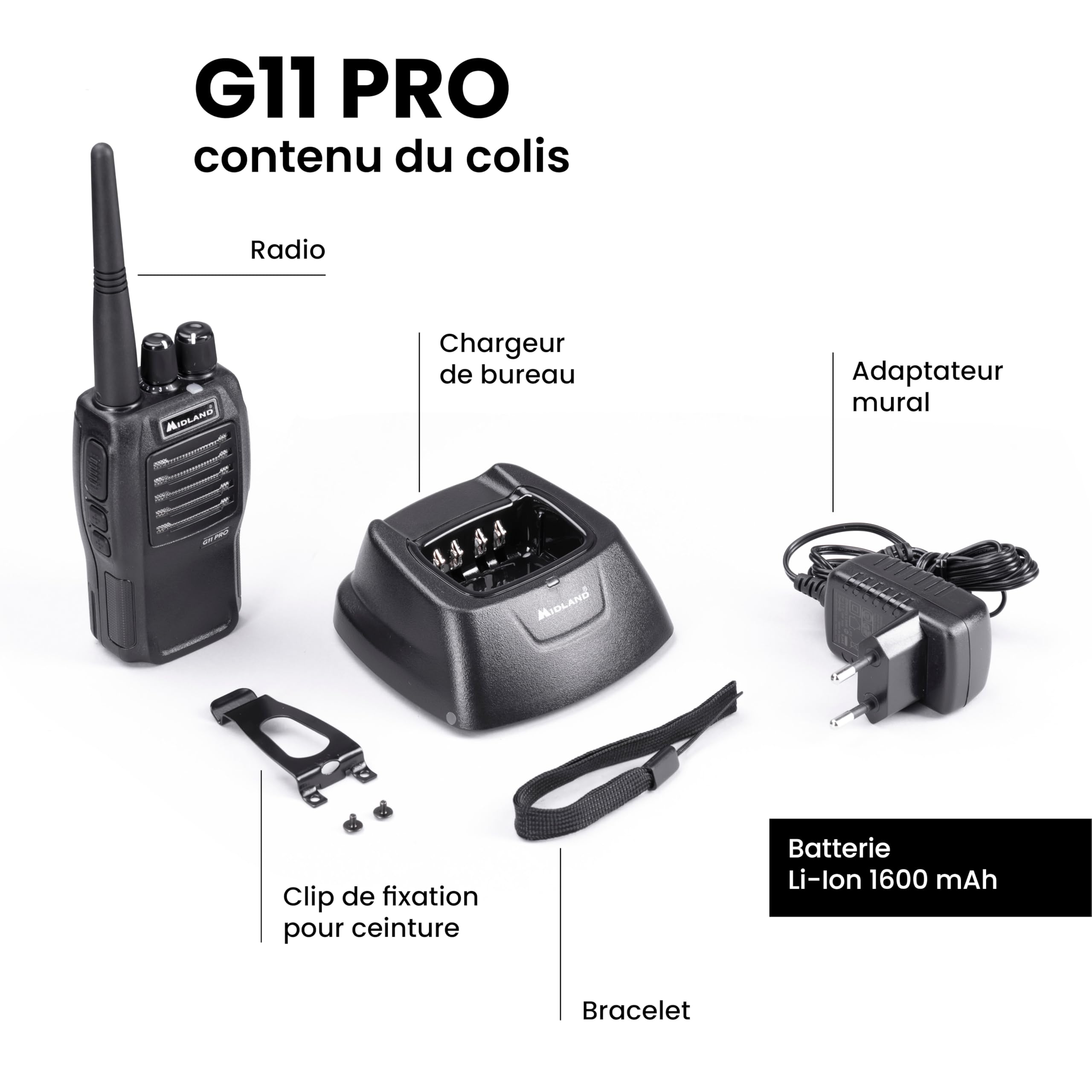 Midland - Talkie Walkie Longue Portée 12Km Professionnel G11 Pro, Radio Récepteur Émetteur avec 32 Canaux PMR446, Batterie Li-Ion 1600mAh Rechargeable et Accessoires, Autonomie 22H, VOX, 2 Pin Kenwood