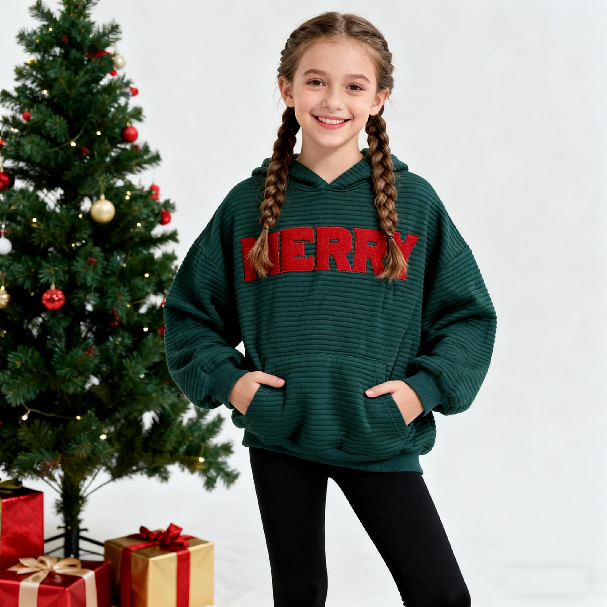 Weixinbuy Sudadera de Navidad unisex para niños, con cuello redondo, bolsillo canguro, sudadera de gran tamaño para niños y niñas, 7-14 años