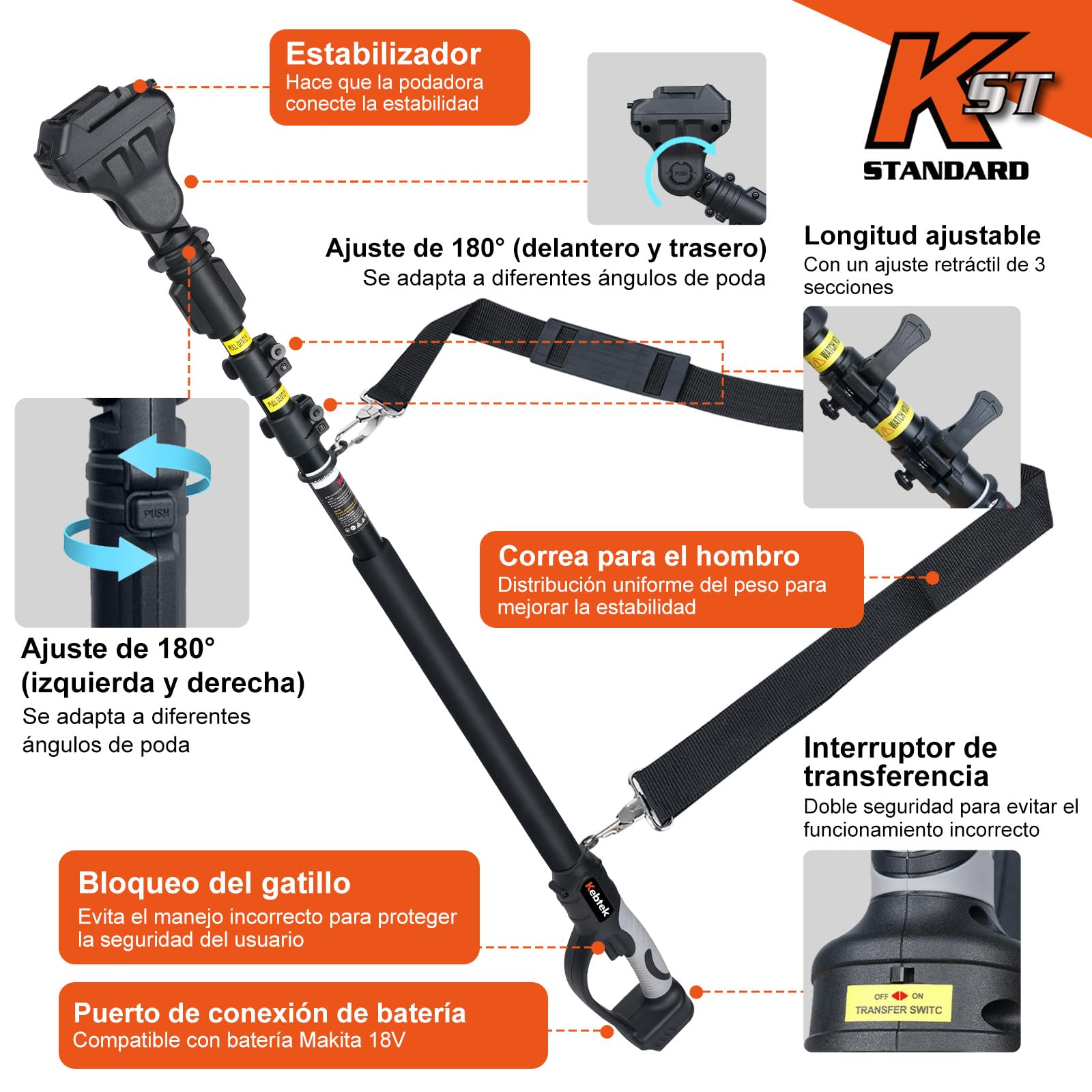 Kebtek Extensión de Mango telescópico para Tijeras de podar eléctricas | Eleskopstange 4,2-8,2 ft para B06640 Podadora batería Jardinería árbol rama alta rama extendida rango de corte B0-Pole
