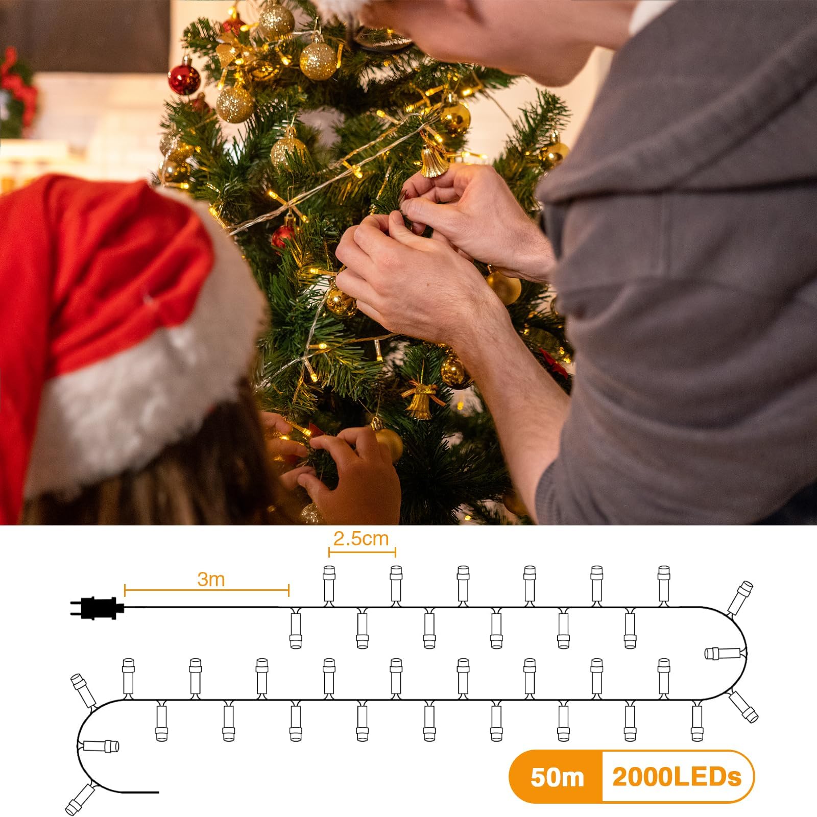 GlobaLink Cluster-Lichterkette Außen 50M 2000LED warmweiß IP44 | 8 Modi, wasserdicht, für Innen & Außen, Balkon, Garten und Weihnachtsdekoration