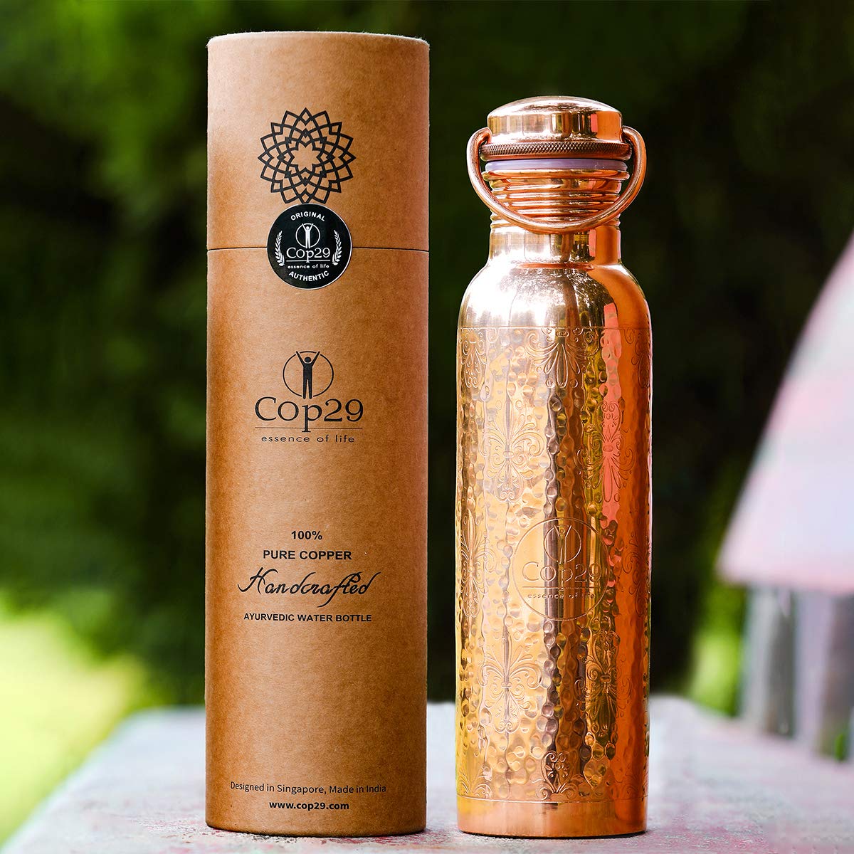 Dual Hammered + Hand Engraved Premium Design Pure Copper Mira Glossy Water Bottle with Handle : An Ayurvedic Copper Vessel - 900ml/30oz