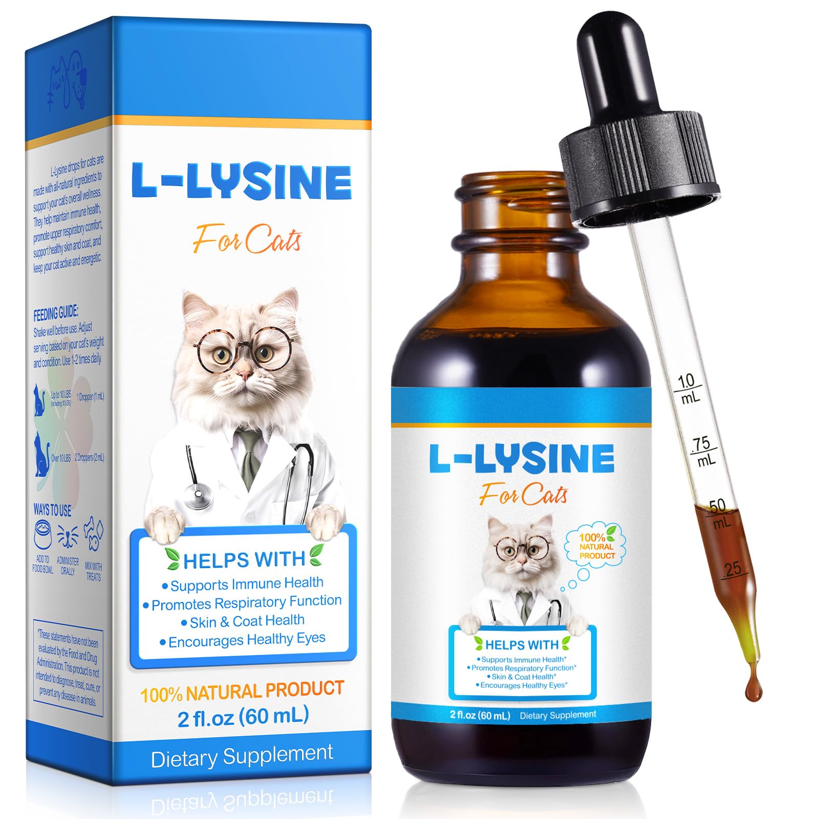 L-Lysine for Cats, Natural L-Lysine Supplement Supports Immune Health, Respiratory Function, Skin Care and Bright Eyes Cat Drops, Chicken Flavor, 60ML