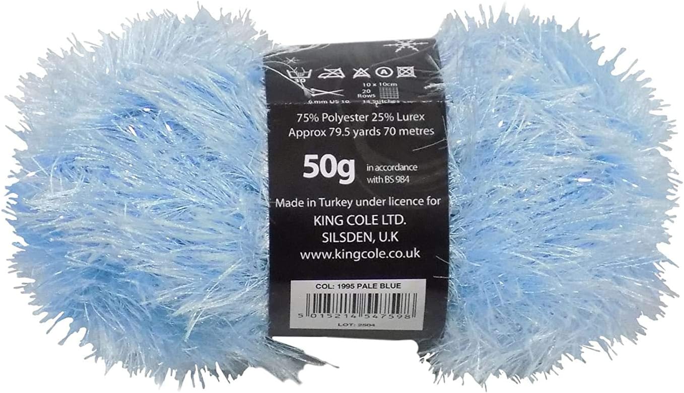 Pale Blue Tinsel Sparkle Eyelash Chunky 50g Wool Yarn Ball Free Scarf Pattern