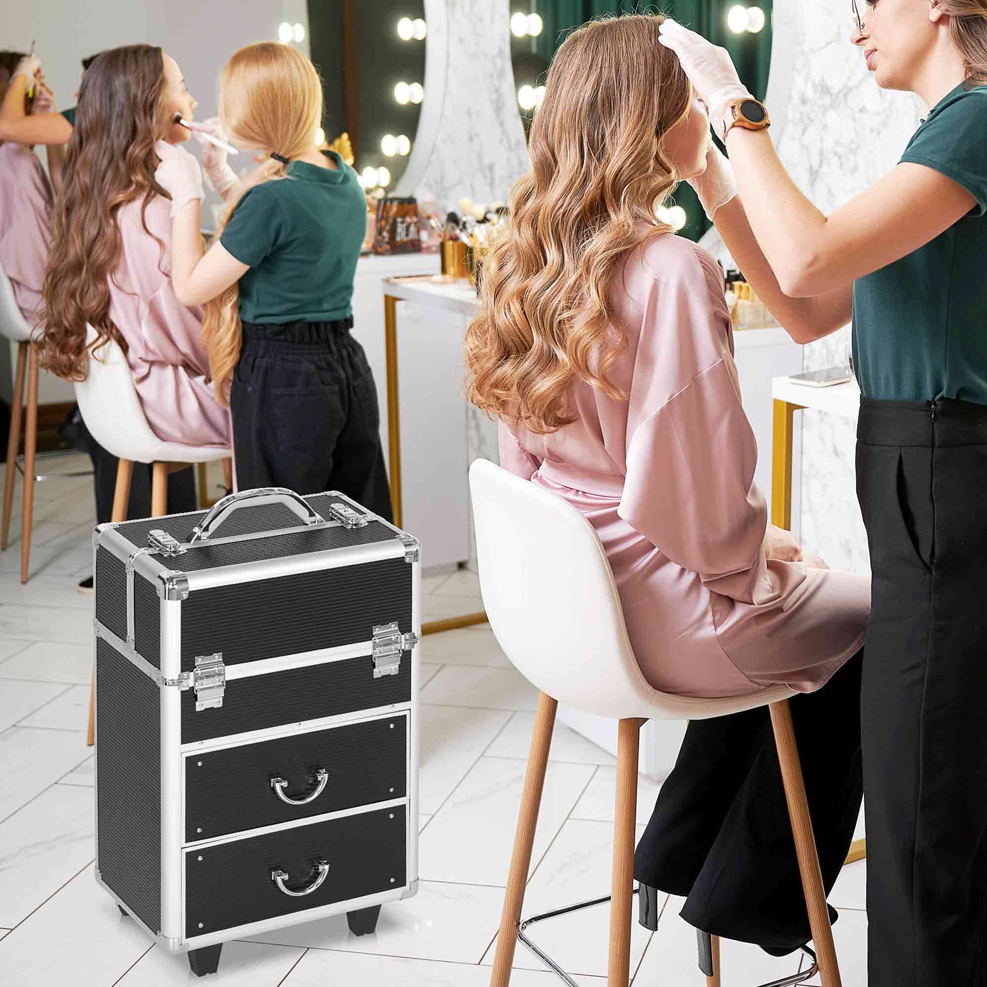 HOMCOM Maletín de Maquillaje Profesional Estuche para Cosméticos con Ruedas Maleta de Maquillaje con 6 Cajones Extensibles Cerradura 2 Llaves y Asa Retráctil 36x23x58 cm Negro
