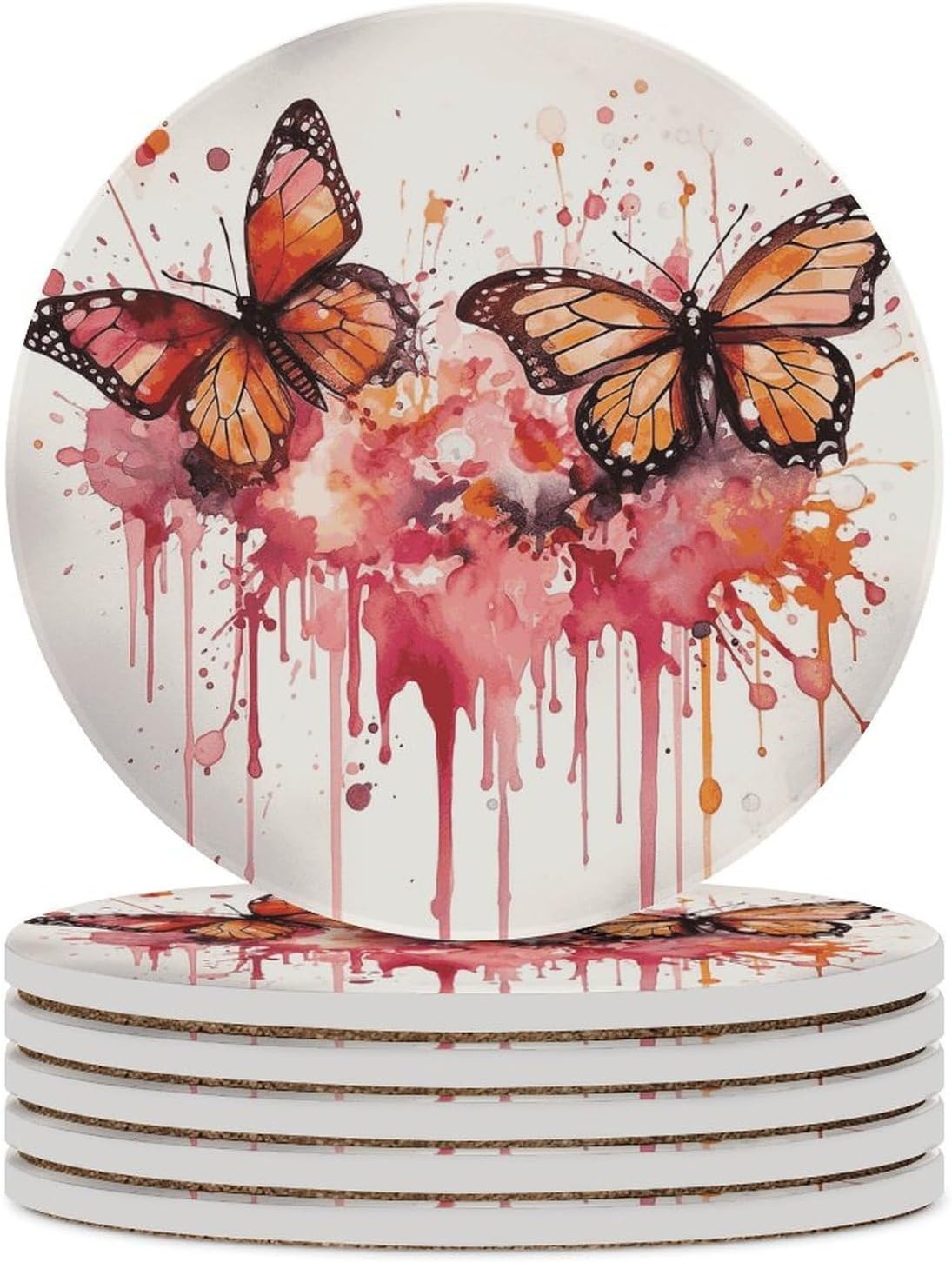 6PCS Butterfly Drip Spray Watercolor Coasters Non-Slip Round Drink Coasters with Ceramic Stone and Cork Base, Heat Resistant Absorbent 33.00Stone Coaster Set for Kinds of Mugs and Cups, 4 Inch