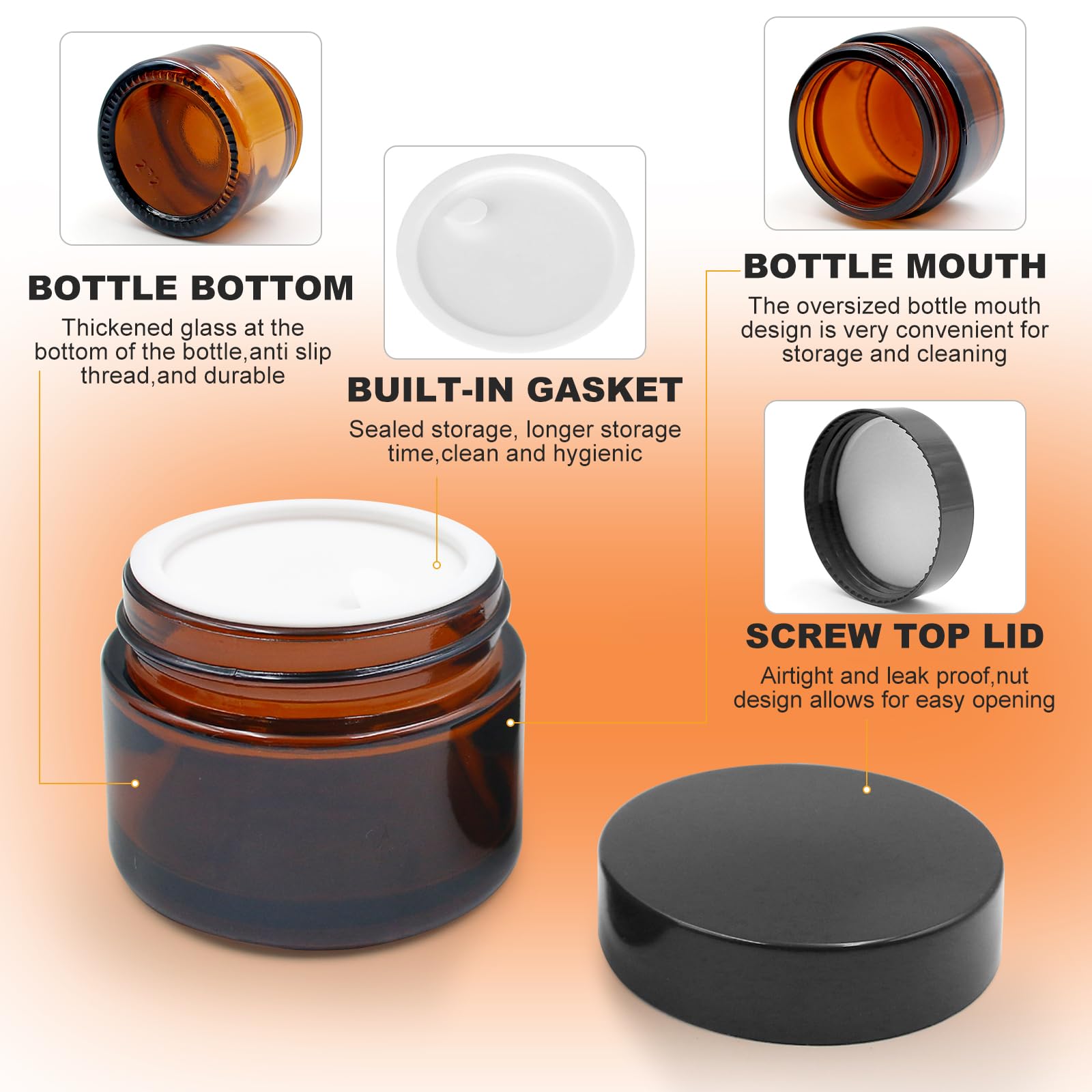 Set 12 Barattoli Cosmetici In Vetro Ambrato - Con Coperchi A Tenuta Stagna - Foto 4