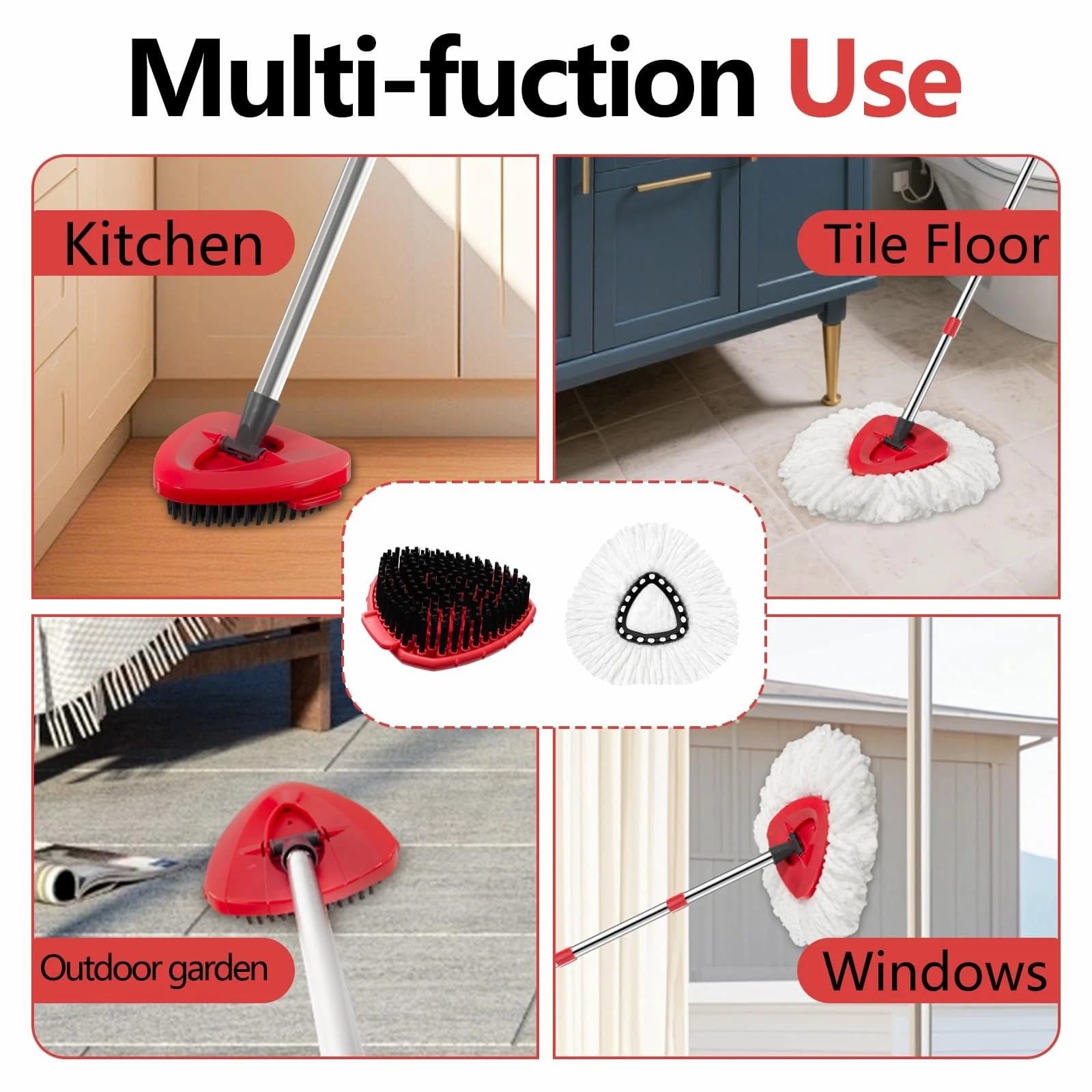 Spin Mop Ricambio Testa Spin Mop Ricariche Compatibile con O Cedar 1-Tank Spin Mop Maniglia, 3 ricariche in microfibra, 1 copertura per testa triangolare, 1 testa di lavaggio e manico per Ocedar