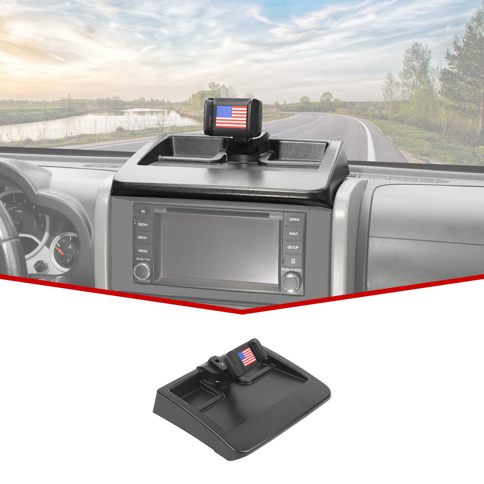 JeCar JK Dash Phone Holder Dashboard Cellphone Clamp Upgrade Aluminum Alloy Ball Mount with Storage Tray Interior Accessories Compatible with Jeep Wrangler JK JKU 2007-2011