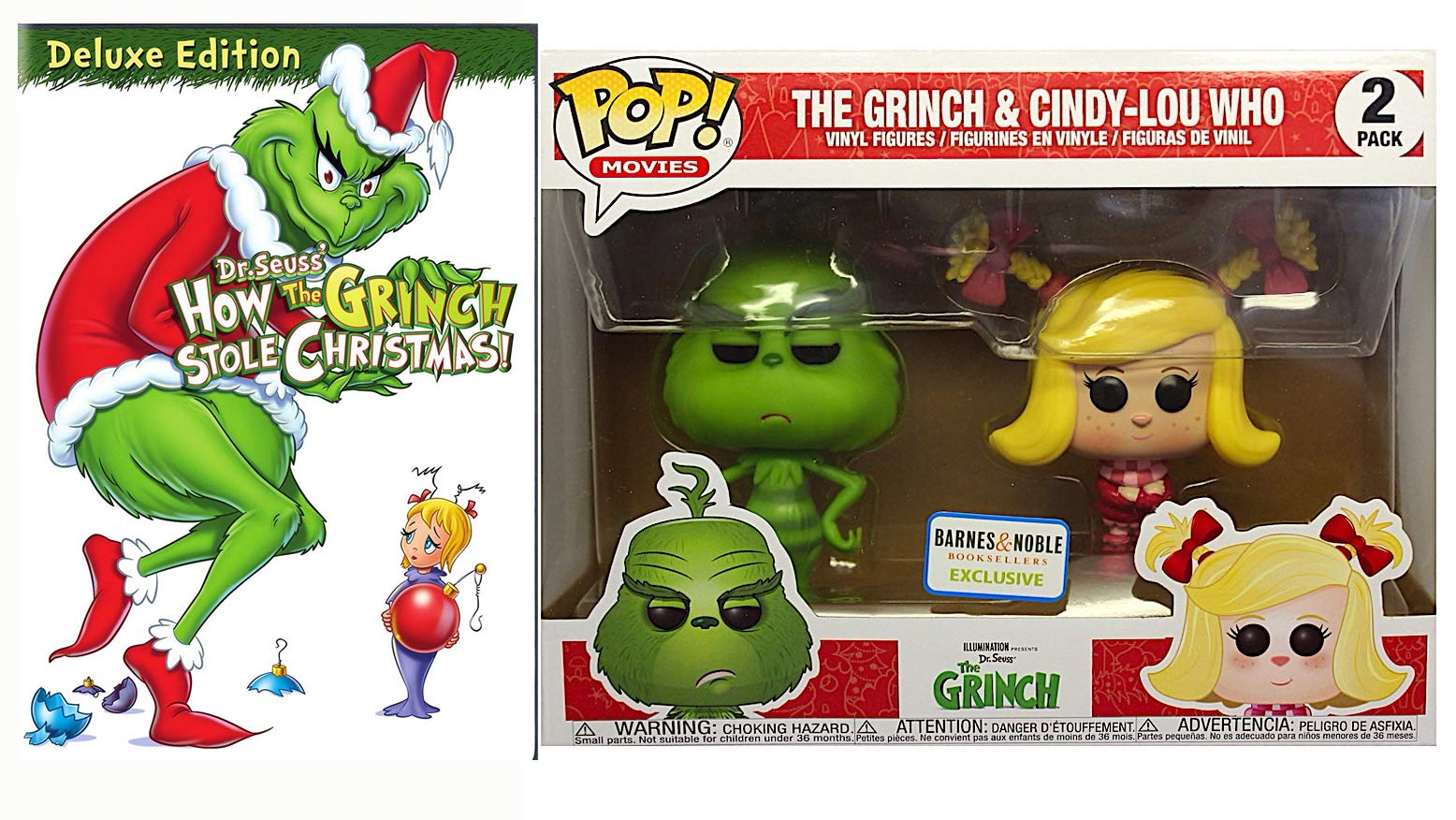 The Grinch & Cindy-Lou Who Original Cartoon Story Dr. Seuss' How The Grinch Stole Christmas DVD & Dr. Seuss Funko POP! Movies Exclusive Vinyl Figure 2-Pack Bundle