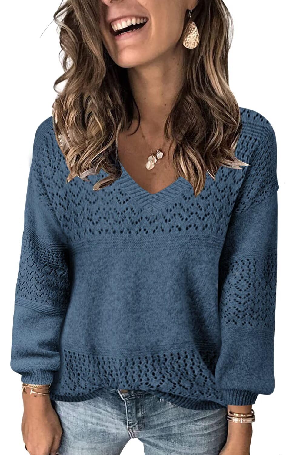 JOCAFIYE Womens Sweaters Casual Long Sleeve V Neck Pullover Sweater Tops