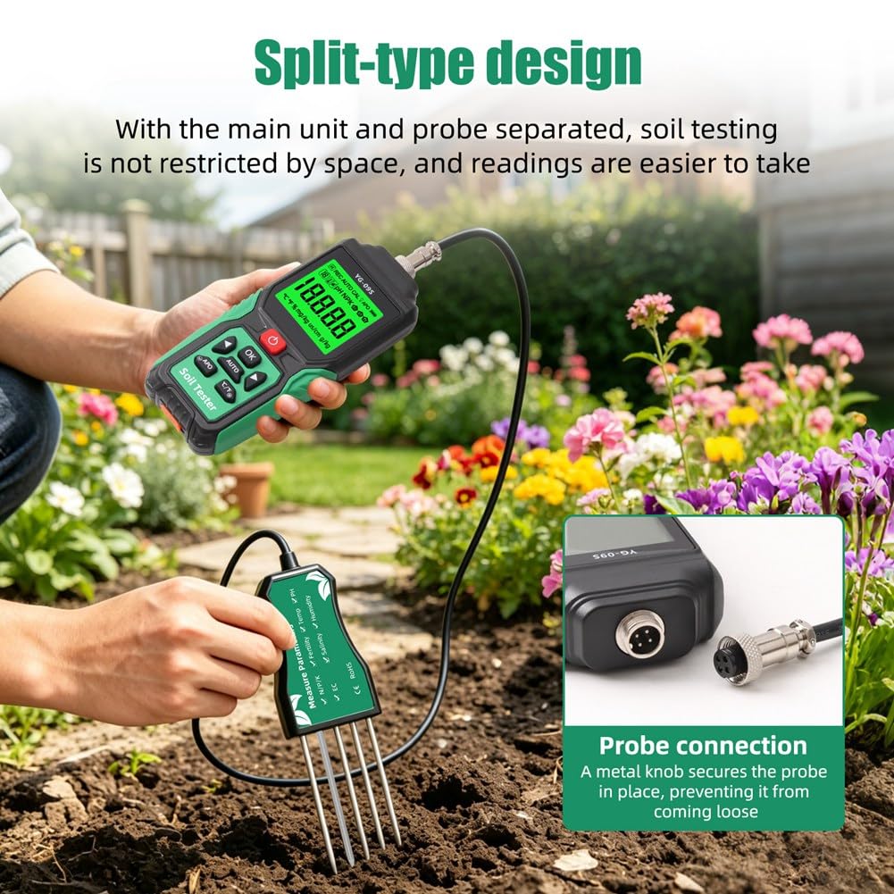 Analizador de Suelo Digital 9 en 1 con Sensor, y EC, Detector de Temperatura, Humedad, Salinidad y Fertilidad para Jardín